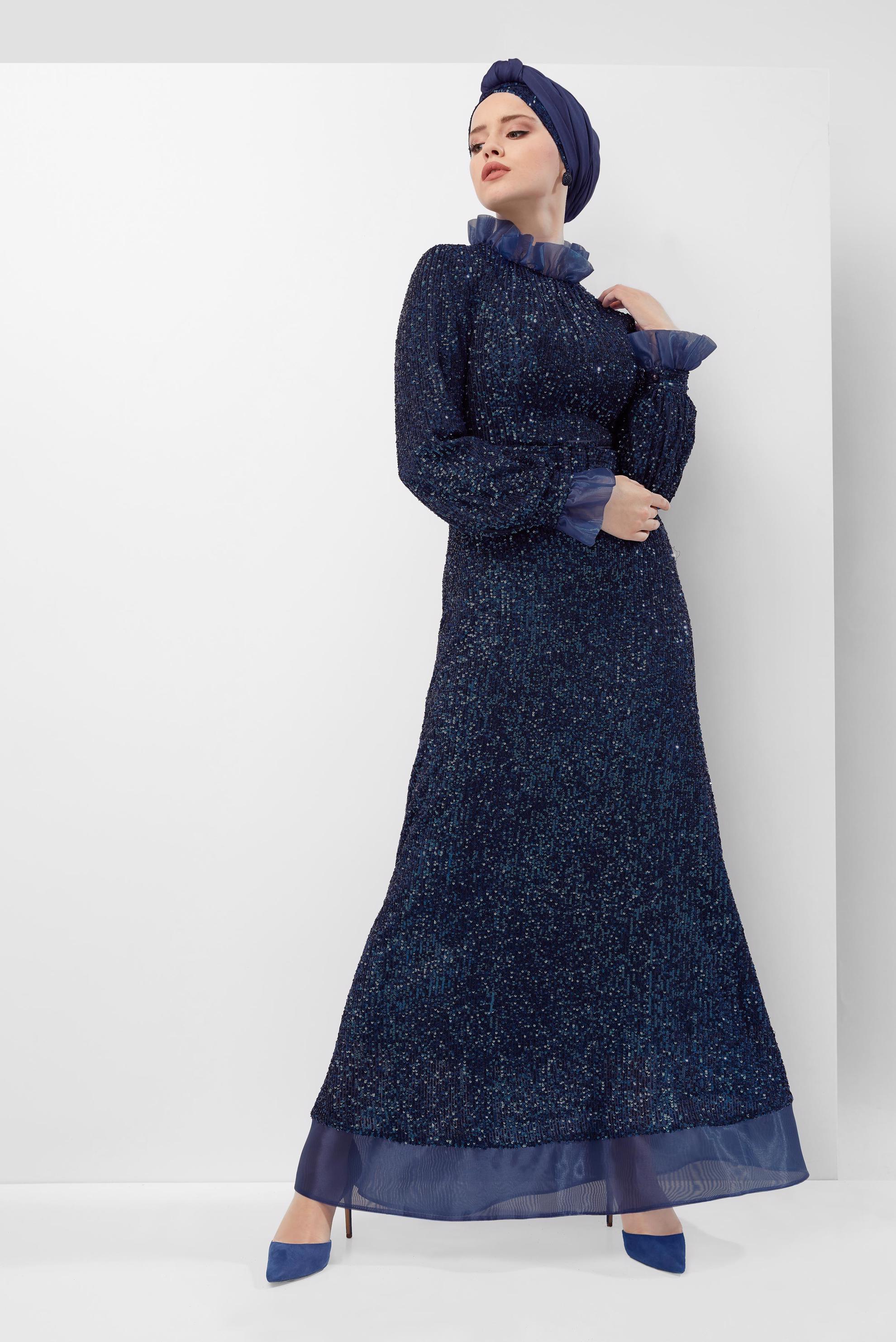 Tesettür giyim LACİVERT PUL PAYETLİ ABİYE ELBİSE 50004