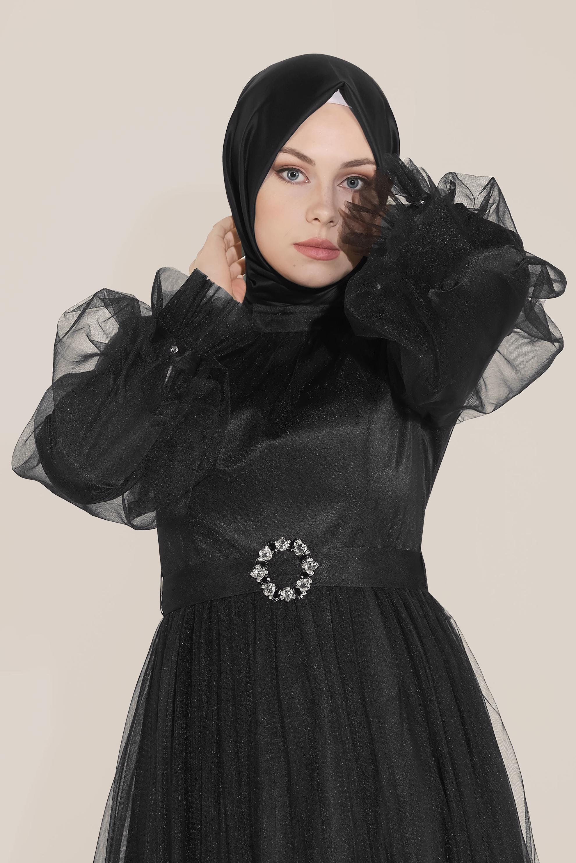 Tesettür giyim SİYAH SATEN ABİYE ELBİSE 50005