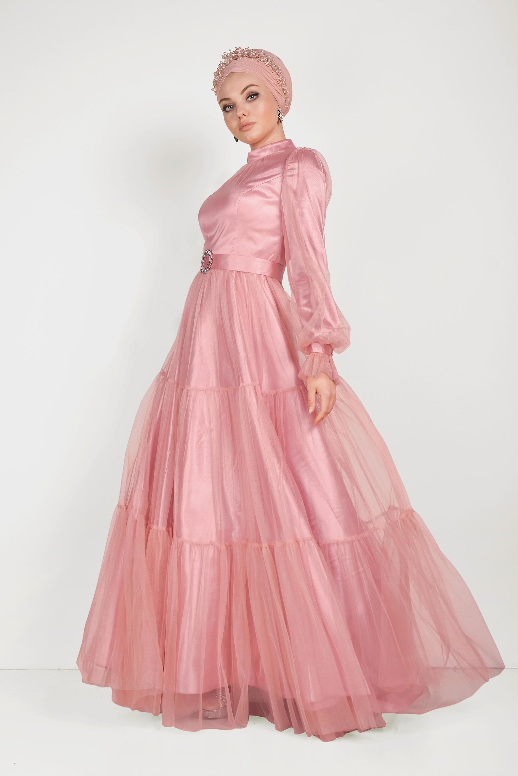 Tesettür giyim PUDRA SATEN ABİYE ELBİSE 50005