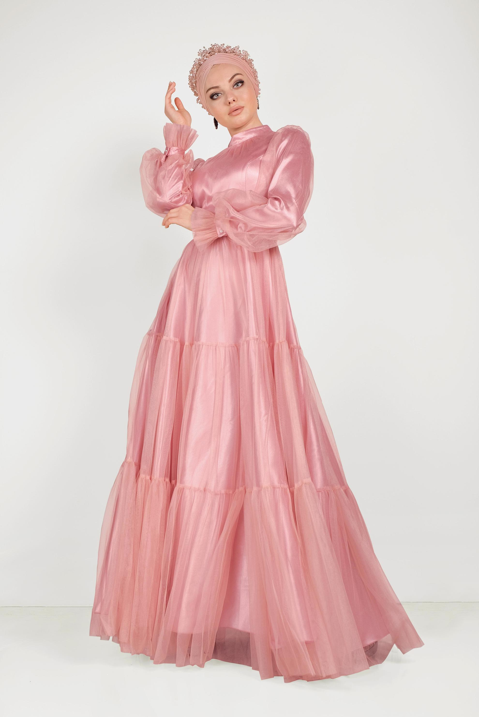 Tesettür giyim PUDRA SATEN ABİYE ELBİSE 50005