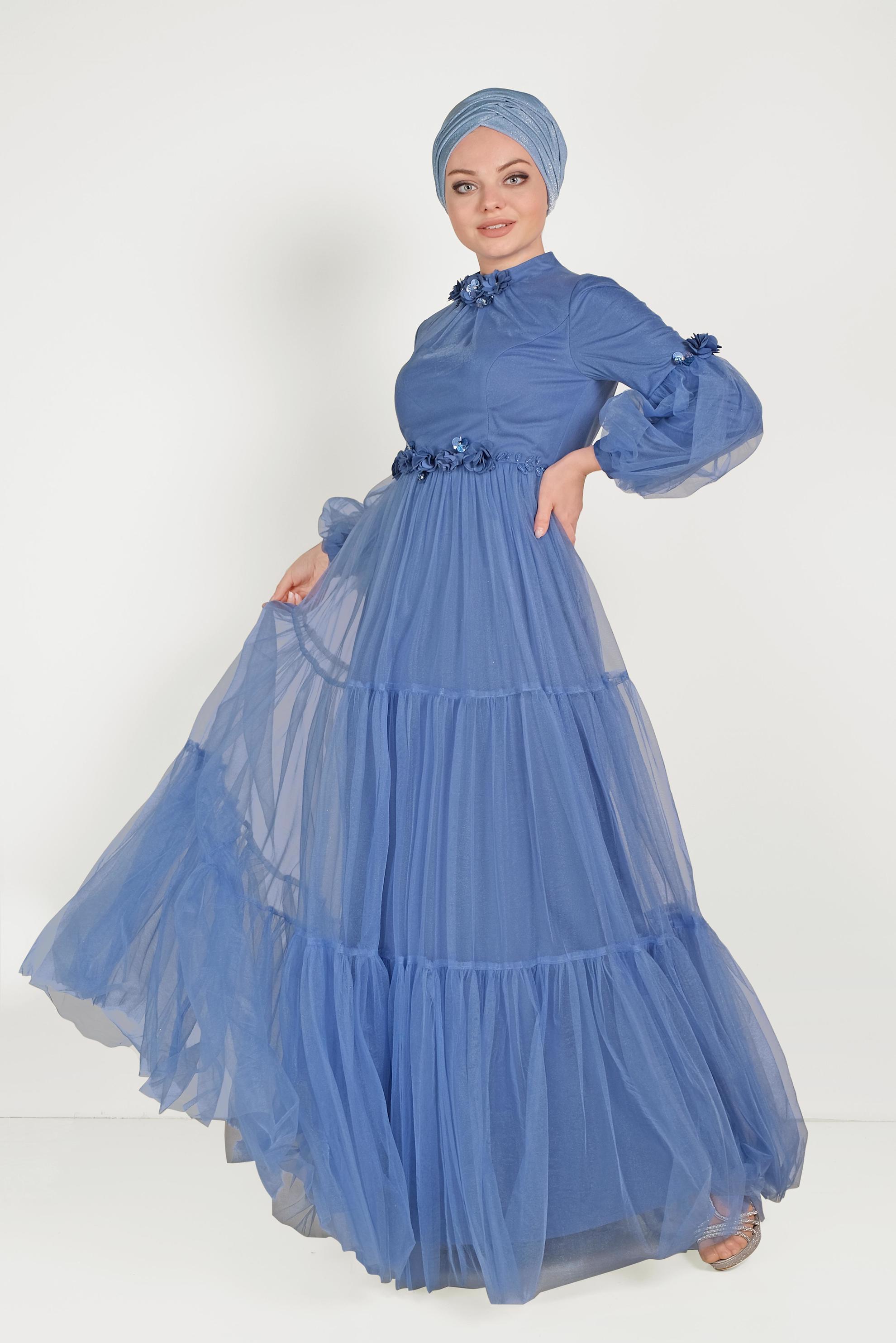 Tesettür giyim MAVİ ÇİÇEK DETAYLI TÜL ABİYE ELBİSE 50006