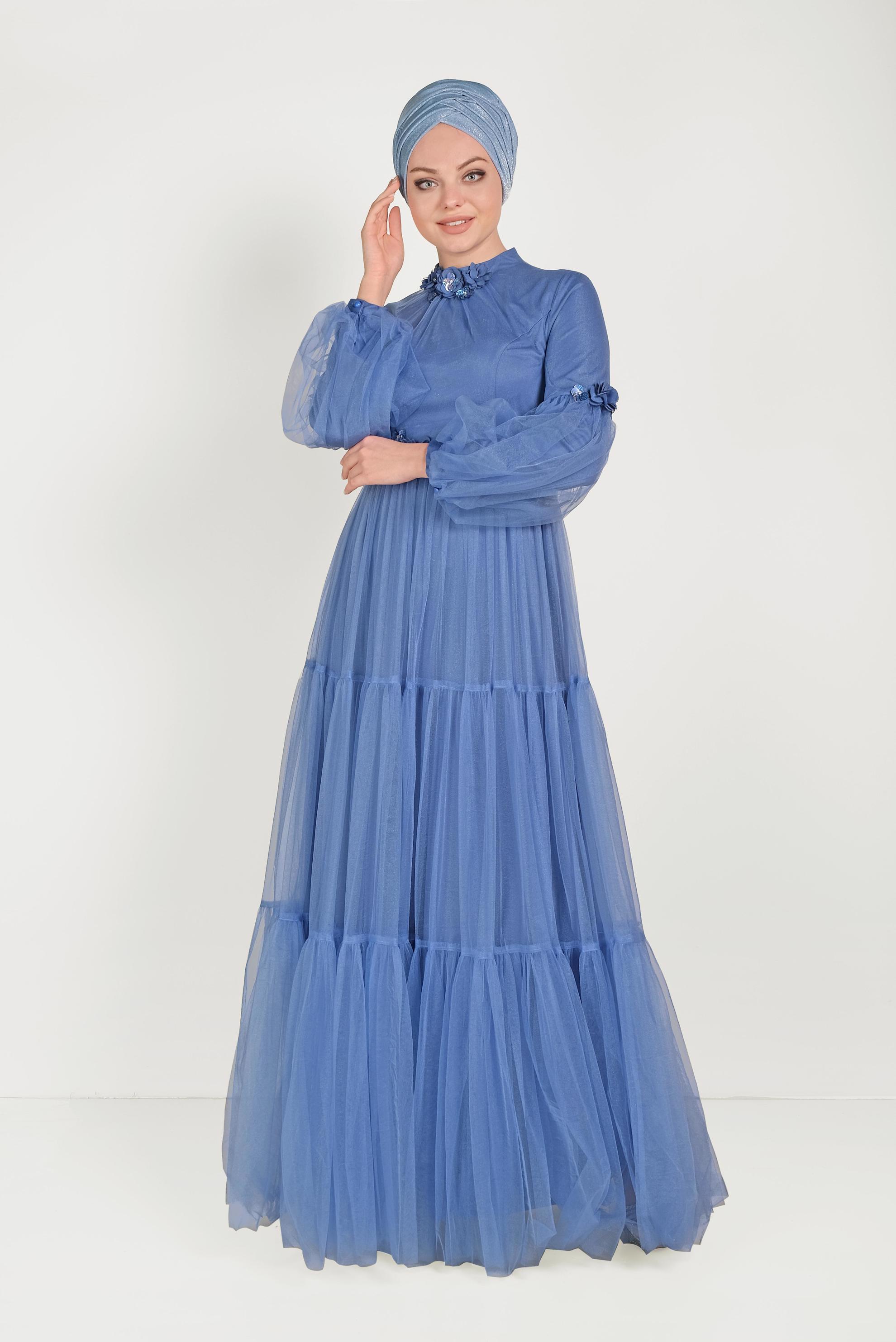 Tesettür giyim MAVİ ÇİÇEK DETAYLI TÜL ABİYE ELBİSE 50006