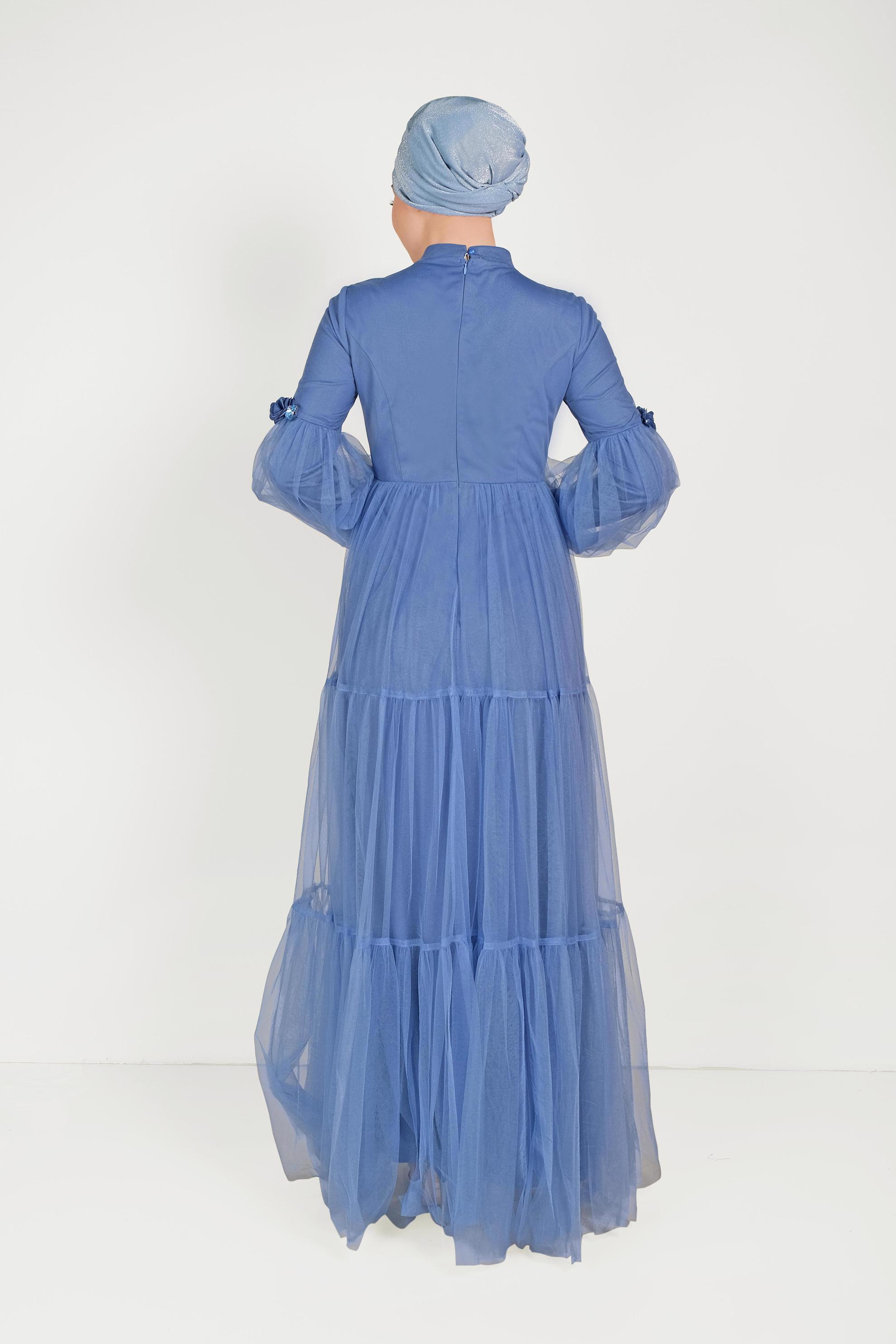 Tesettür giyim MAVİ ÇİÇEK DETAYLI TÜL ABİYE ELBİSE 50006