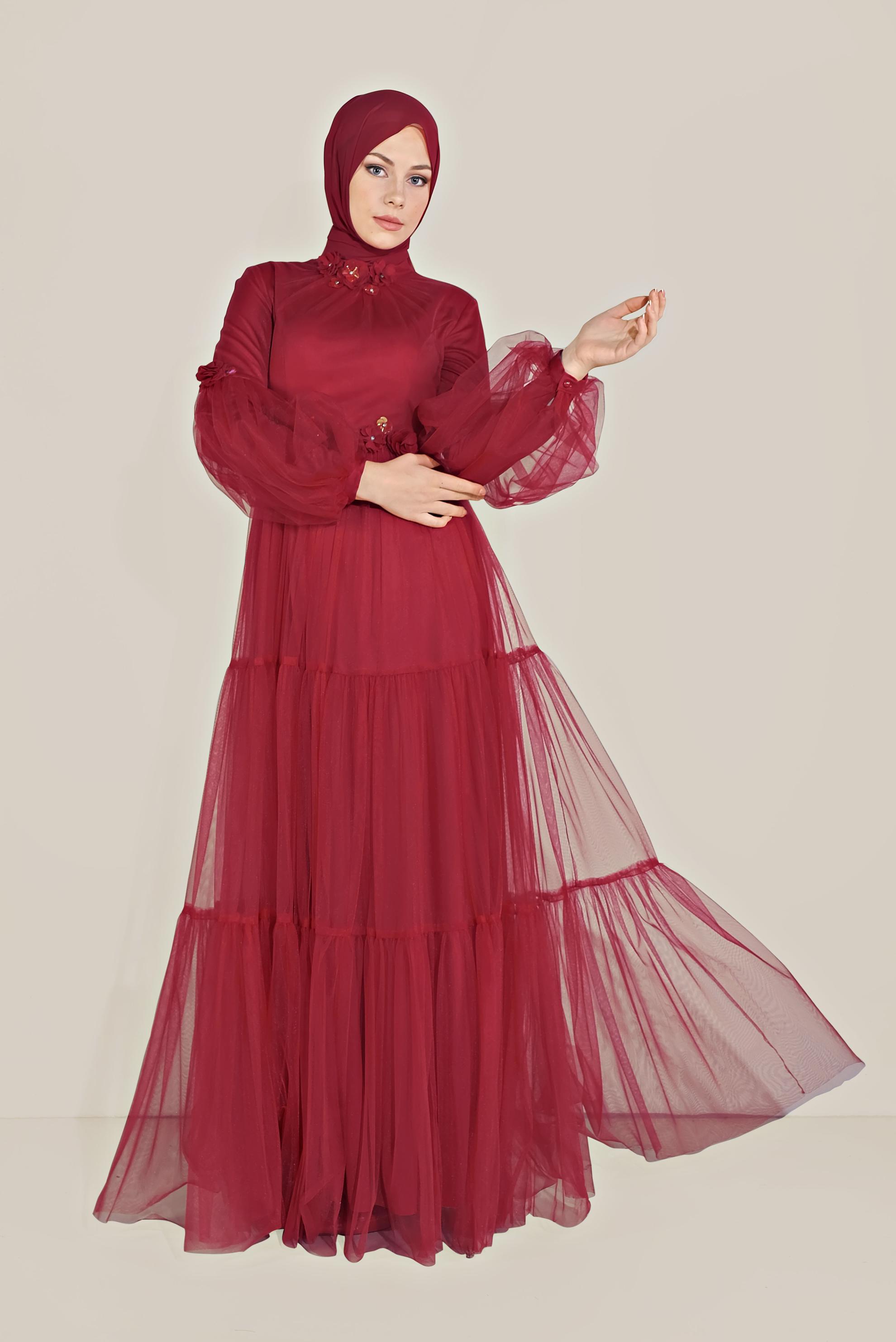 Tesettür giyim KIRMIZI ÇİÇEK DETAYLI TÜL ABİYE ELBİSE 50006