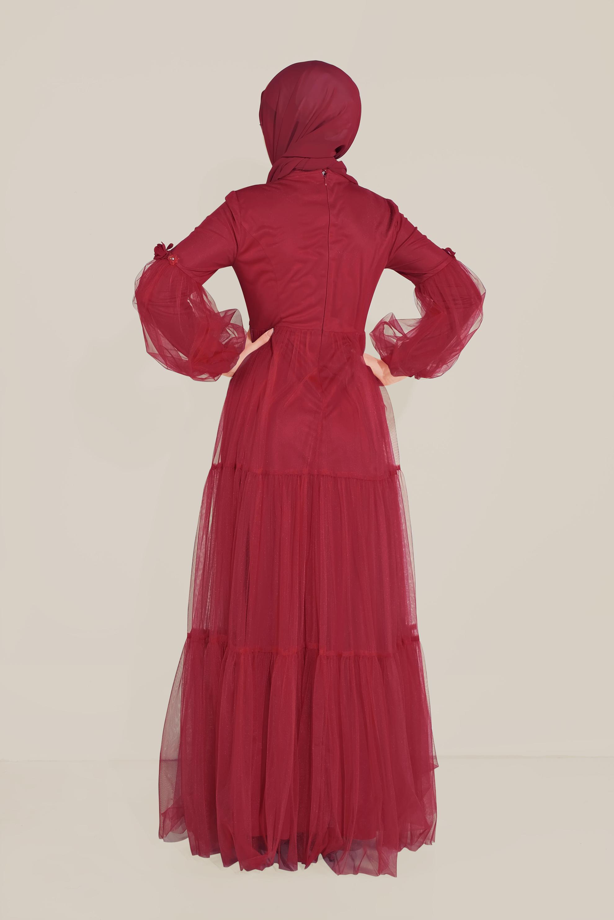 Tesettür giyim KIRMIZI ÇİÇEK DETAYLI TÜL ABİYE ELBİSE 50006