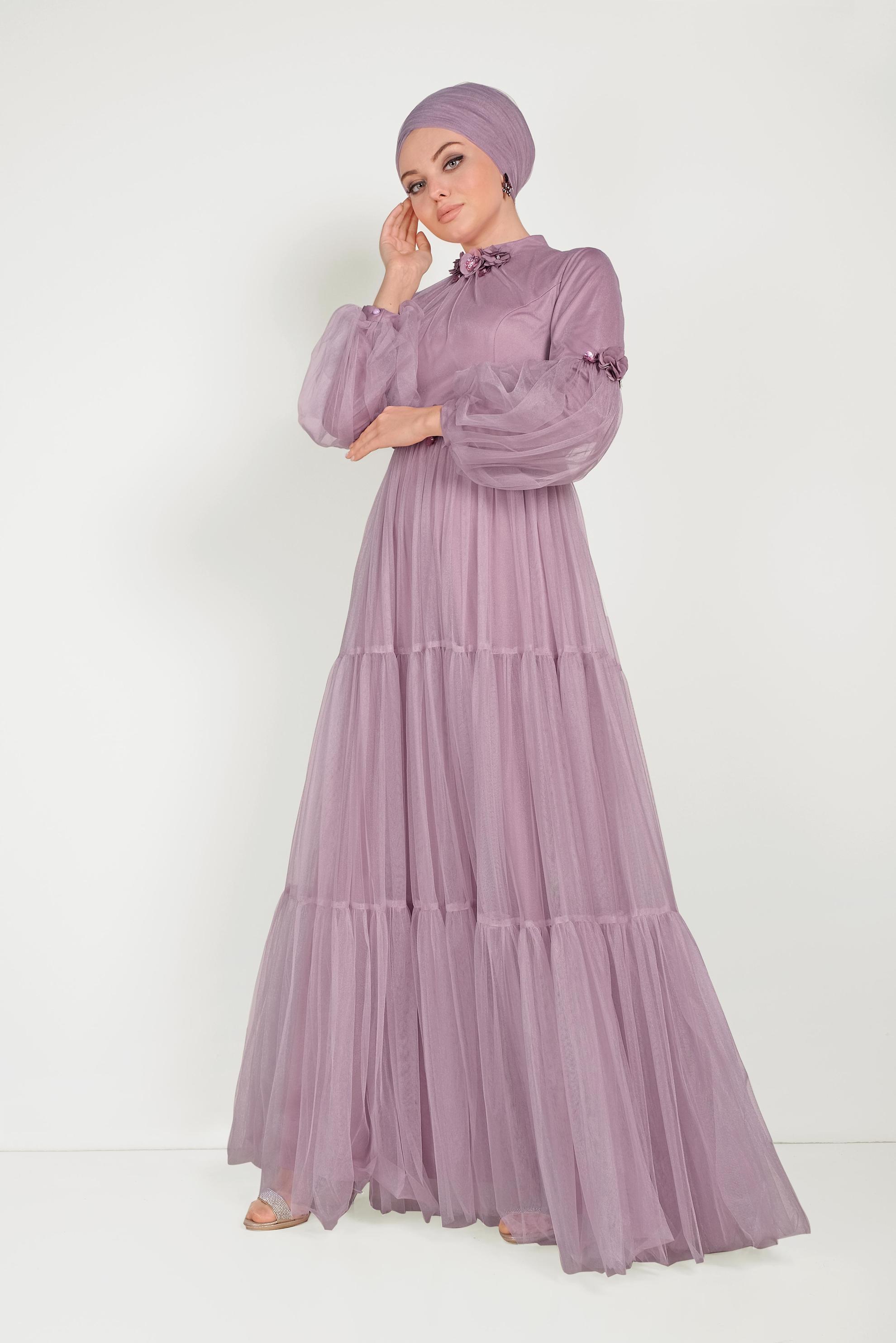 Tesettür giyim MOR ÇİÇEK DETAYLI TÜL ABİYE ELBİSE 50006