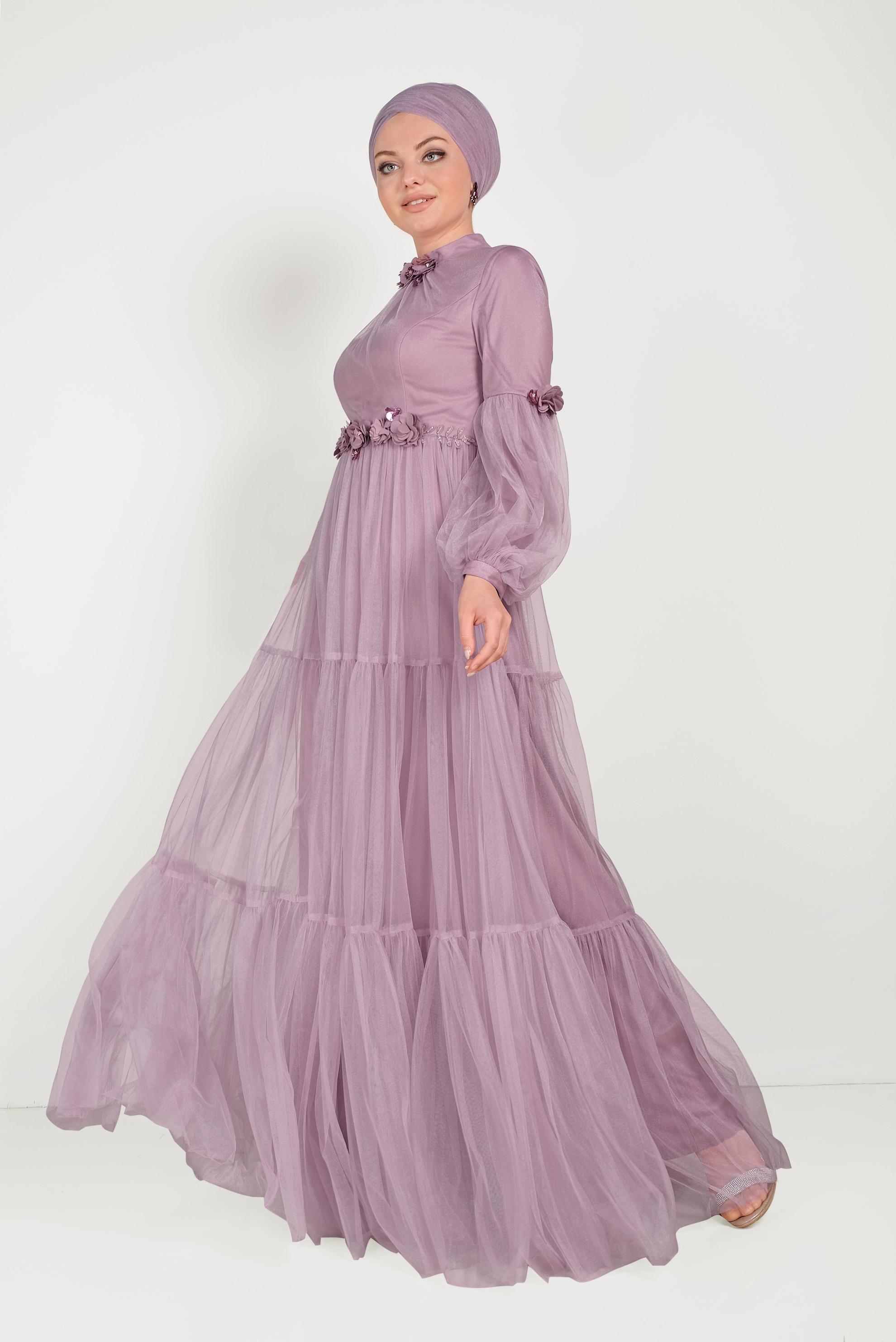 Tesettür giyim MOR ÇİÇEK DETAYLI TÜL ABİYE ELBİSE 50006