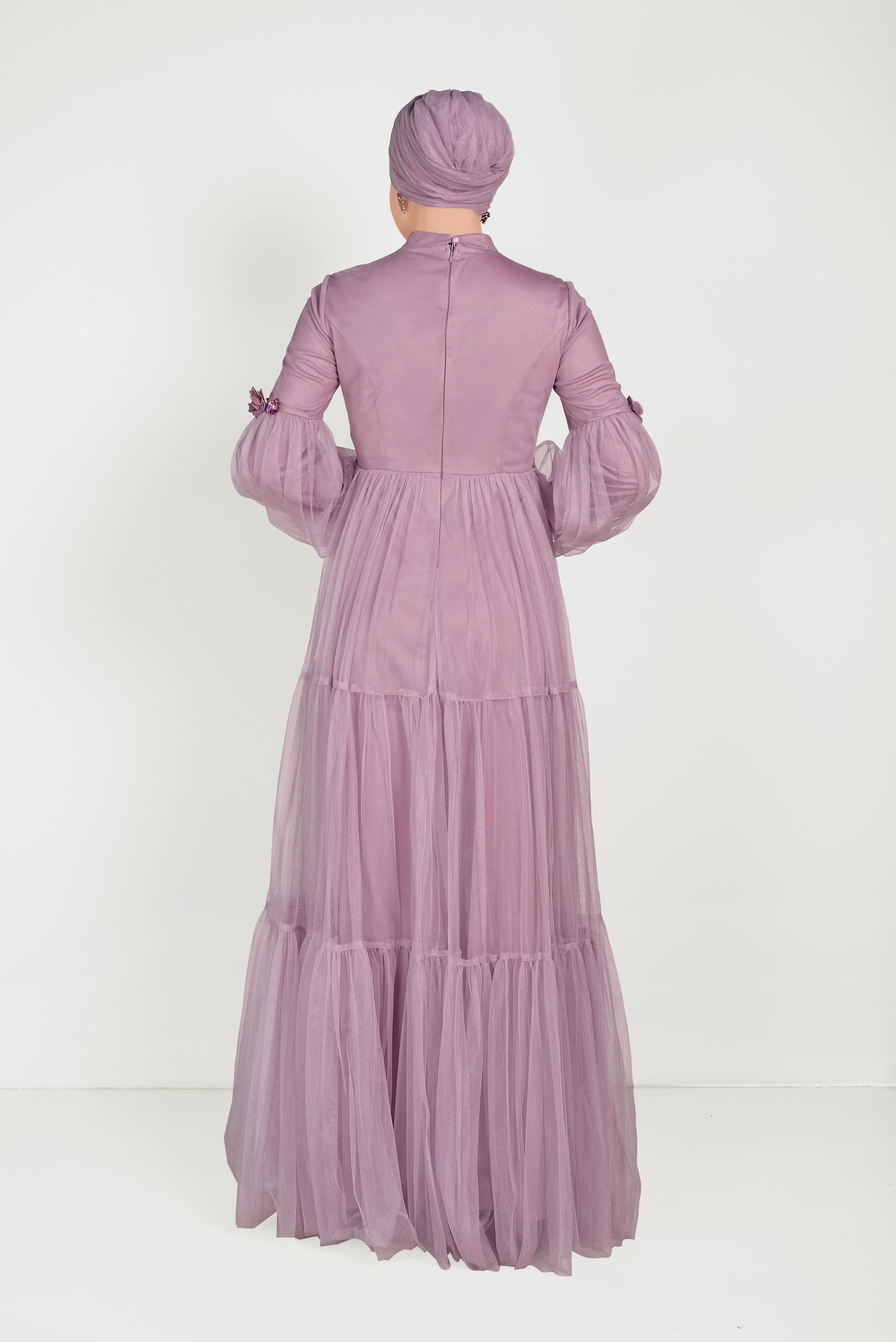 Tesettür giyim MOR ÇİÇEK DETAYLI TÜL ABİYE ELBİSE 50006