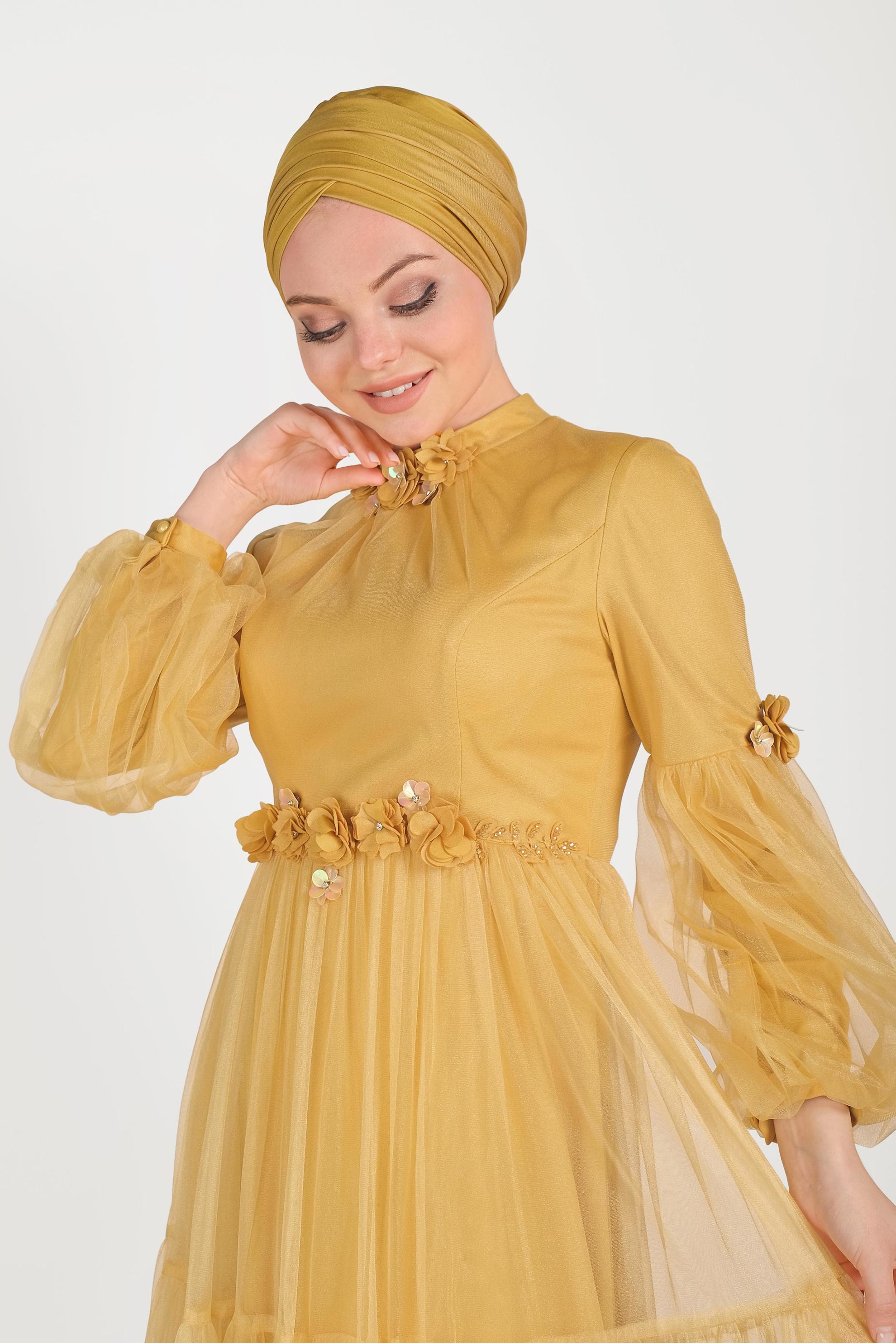 Tesettür giyim SARI ÇİÇEK DETAYLI TÜL ABİYE ELBİSE 50006