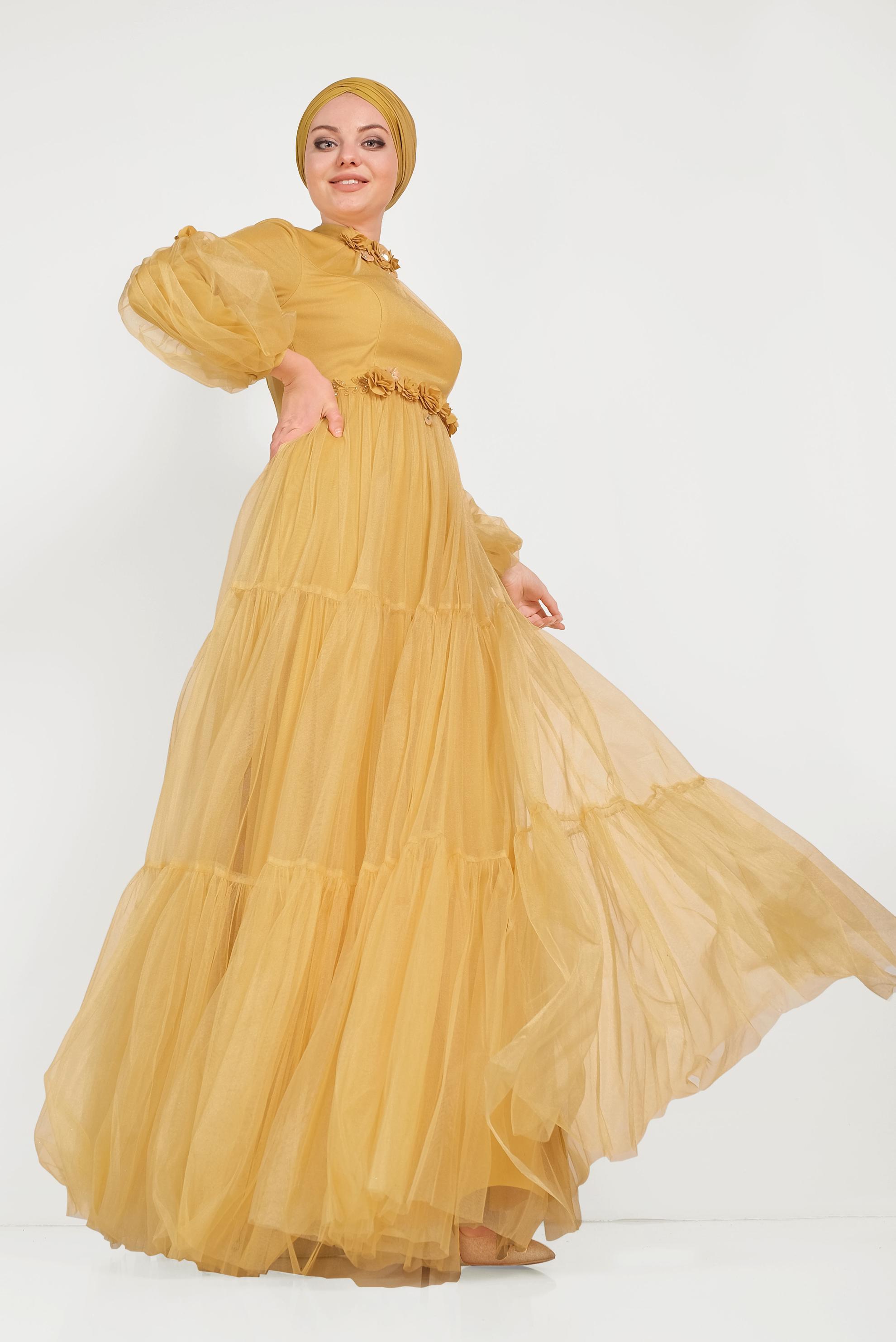 Tesettür giyim SARI ÇİÇEK DETAYLI TÜL ABİYE ELBİSE 50006