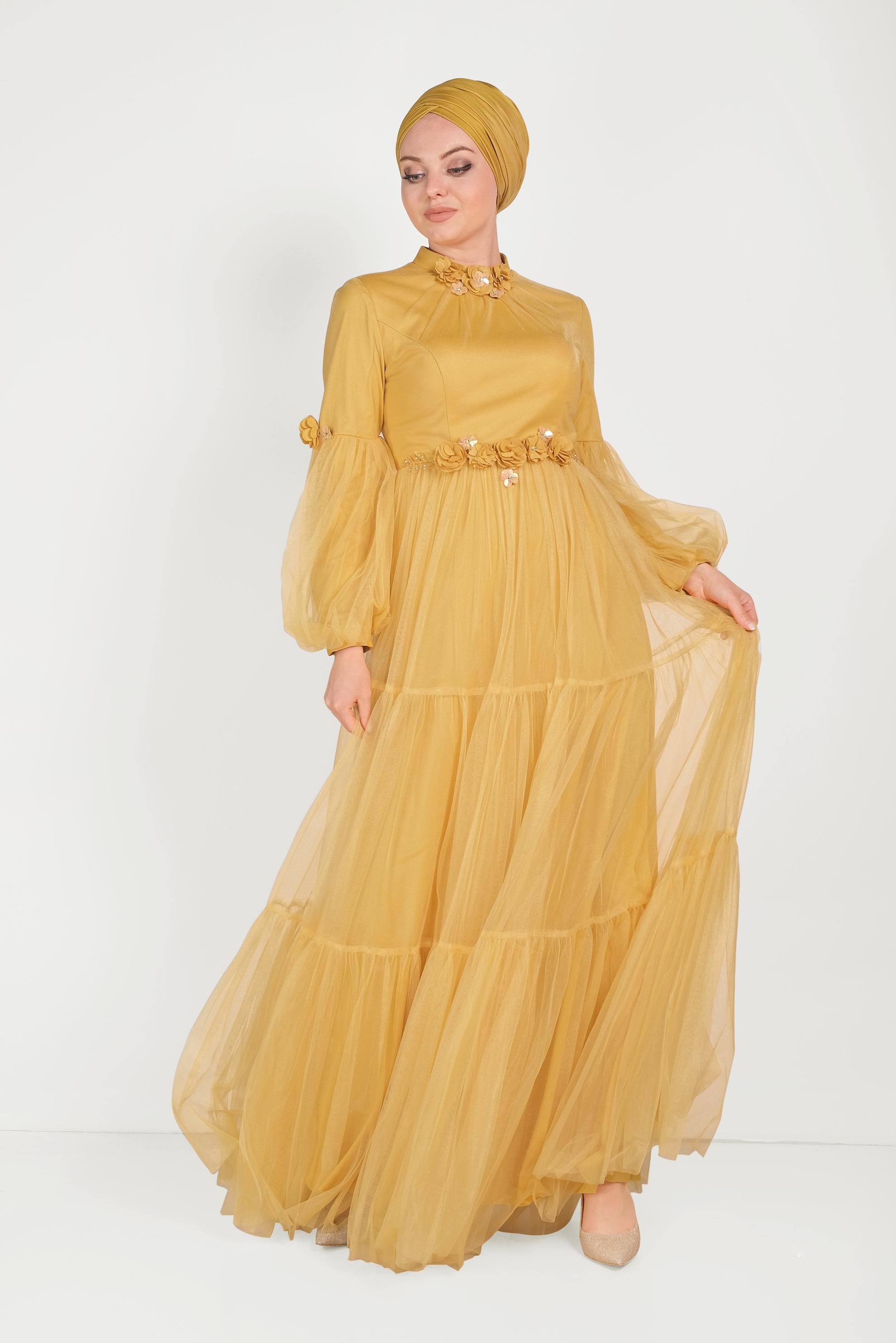 Tesettür giyim SARI ÇİÇEK DETAYLI TÜL ABİYE ELBİSE 50006