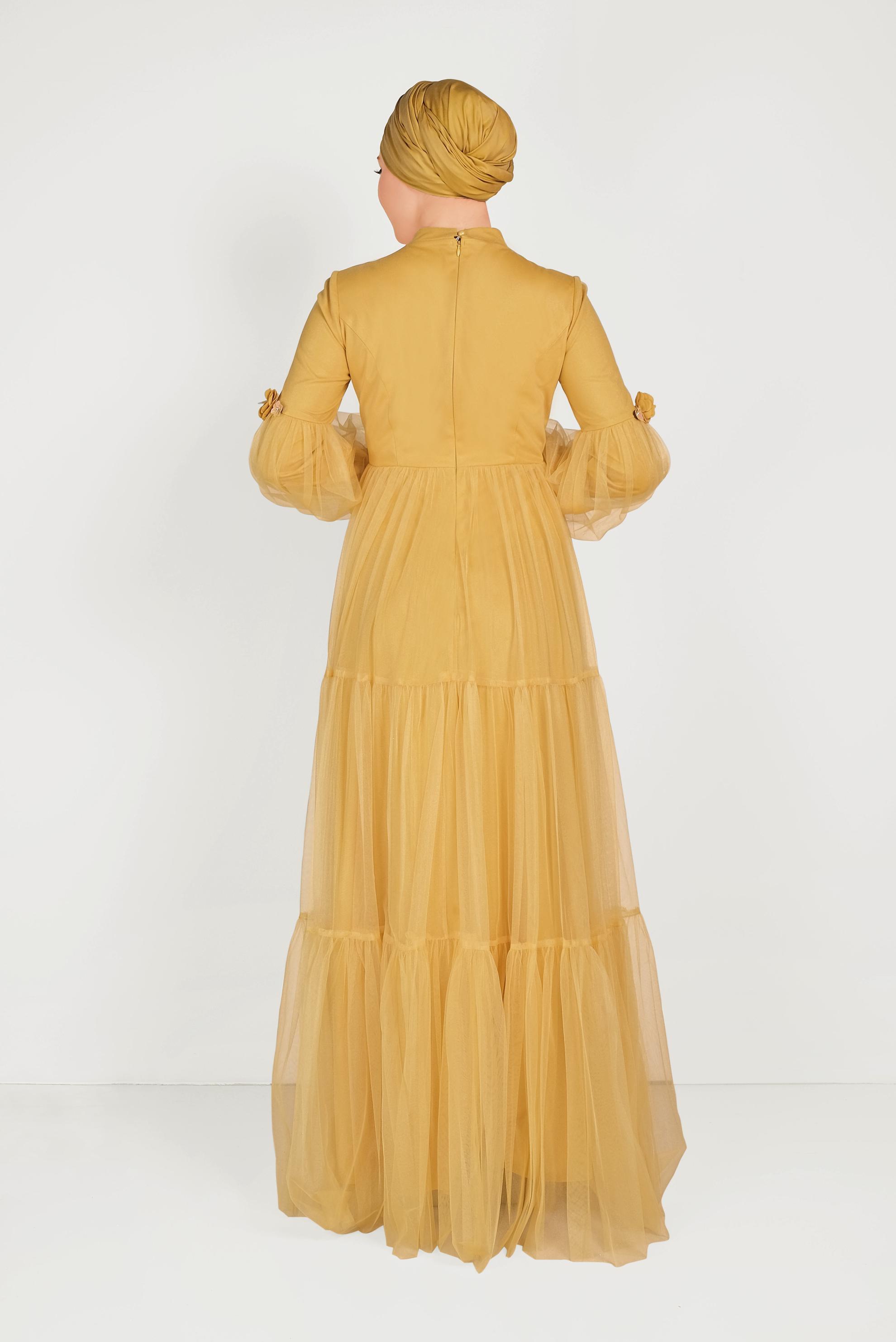 Tesettür giyim SARI ÇİÇEK DETAYLI TÜL ABİYE ELBİSE 50006