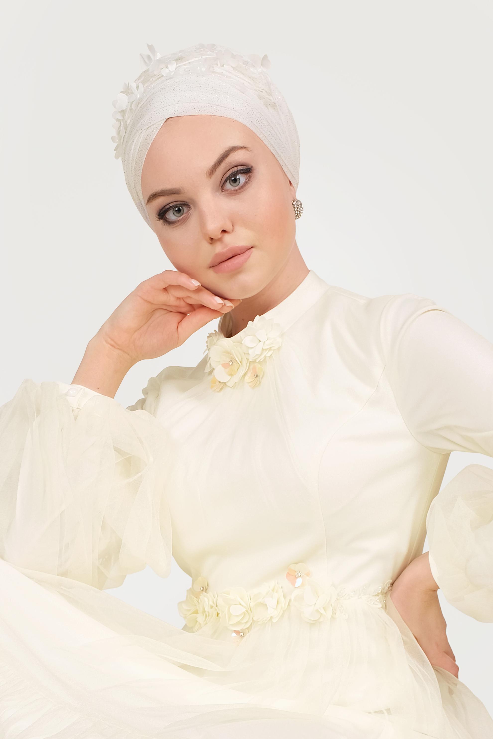 Tesettür giyim PUDRA ÇİÇEK DETAYLI TÜL ABİYE ELBİSE 50006