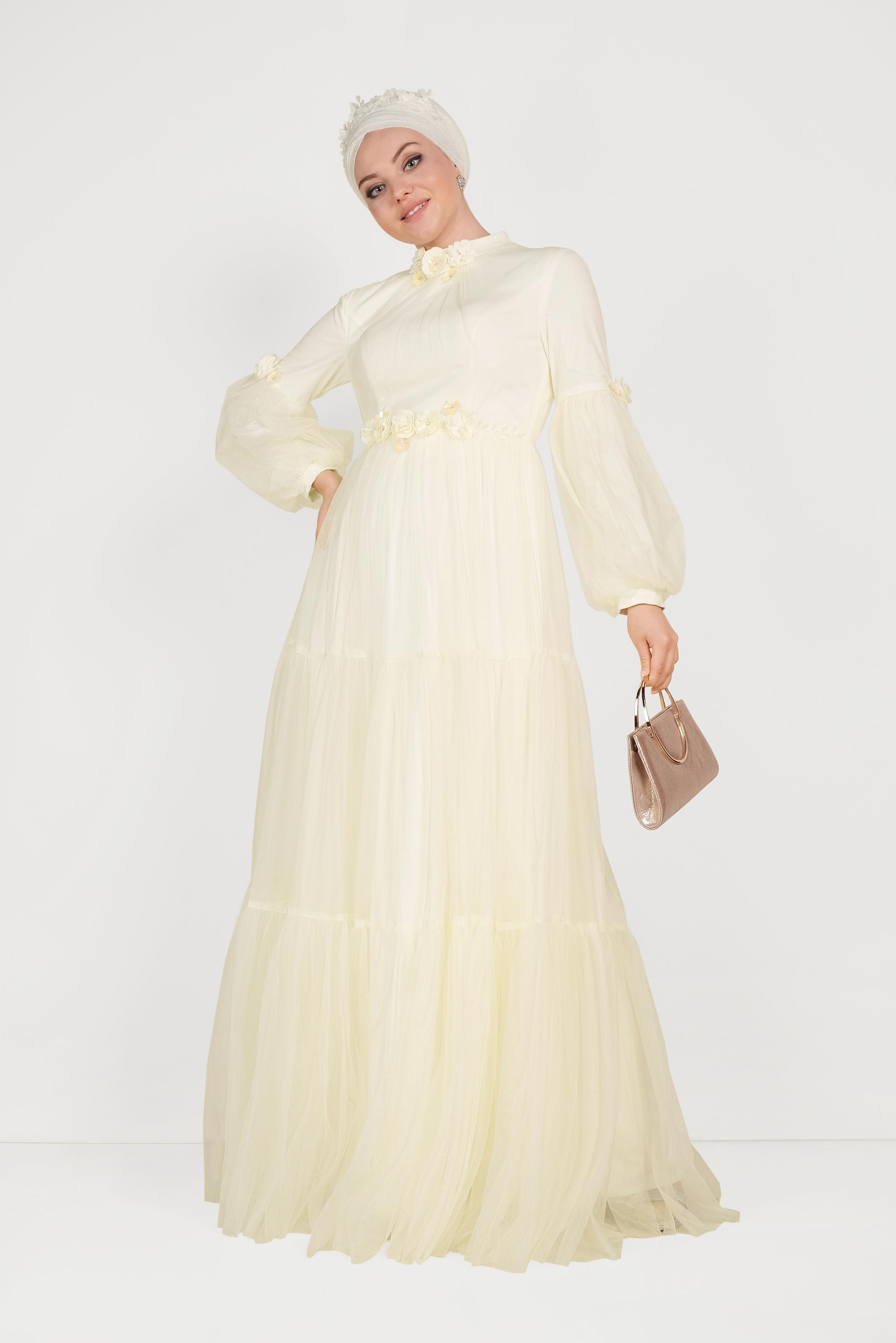 Tesettür giyim PUDRA ÇİÇEK DETAYLI TÜL ABİYE ELBİSE 50006