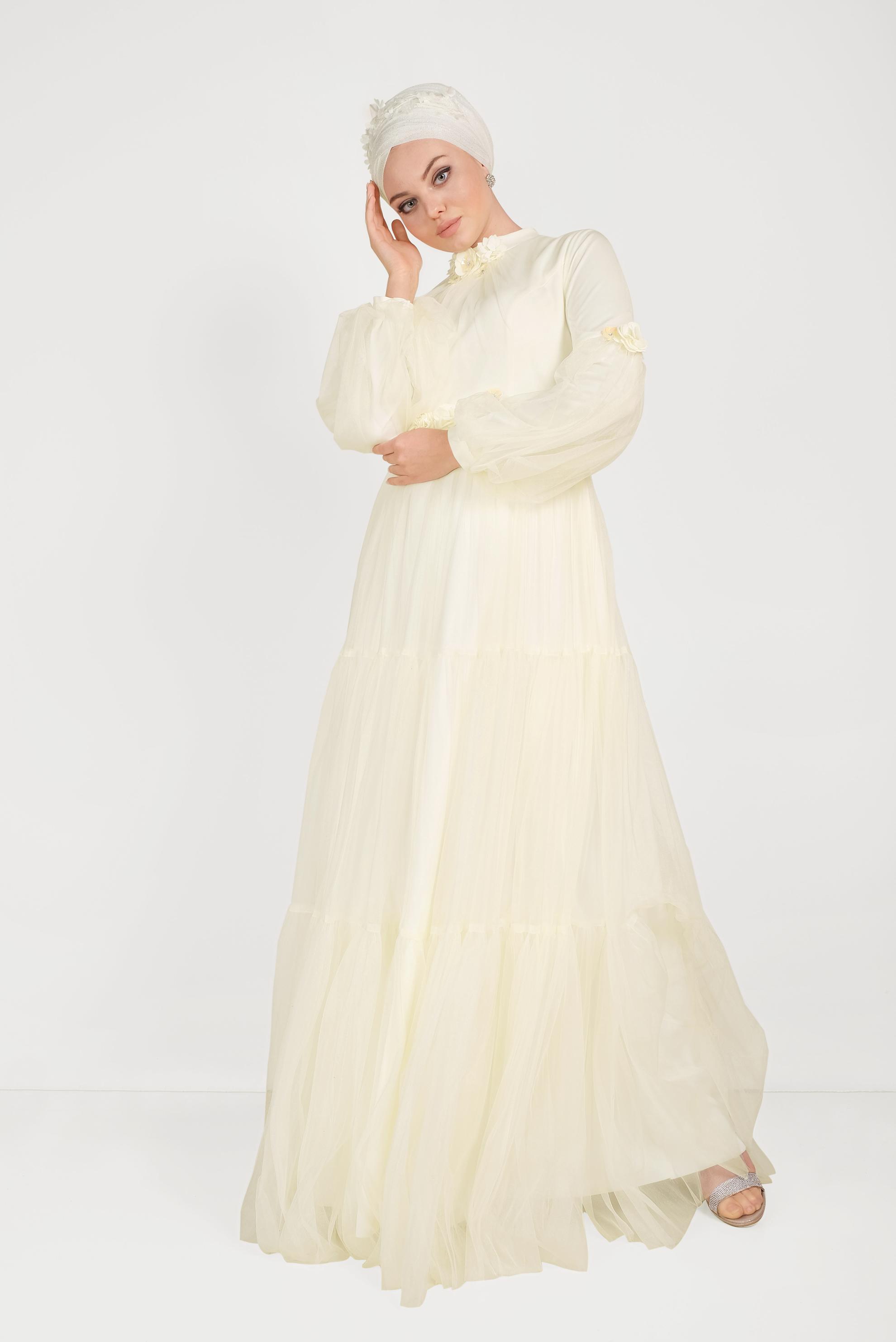 Tesettür giyim PUDRA ÇİÇEK DETAYLI TÜL ABİYE ELBİSE 50006