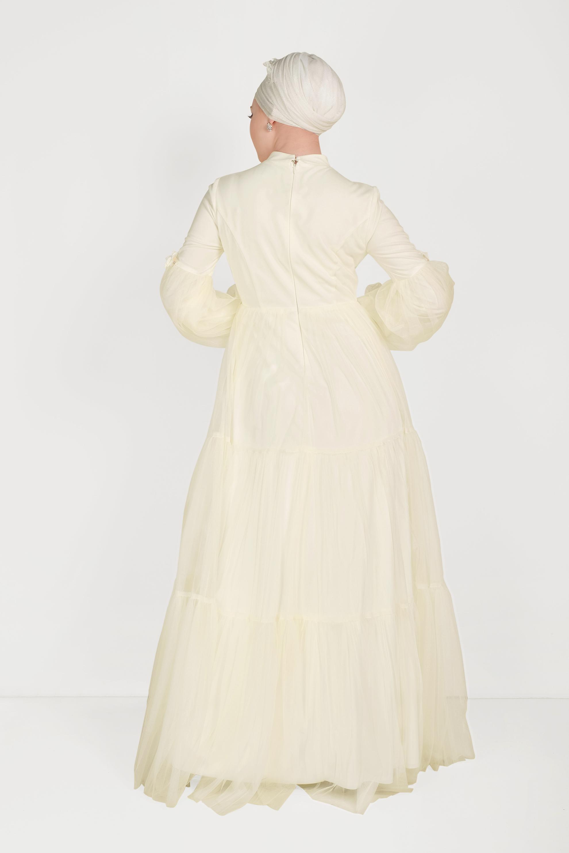 Tesettür giyim PUDRA ÇİÇEK DETAYLI TÜL ABİYE ELBİSE 50006