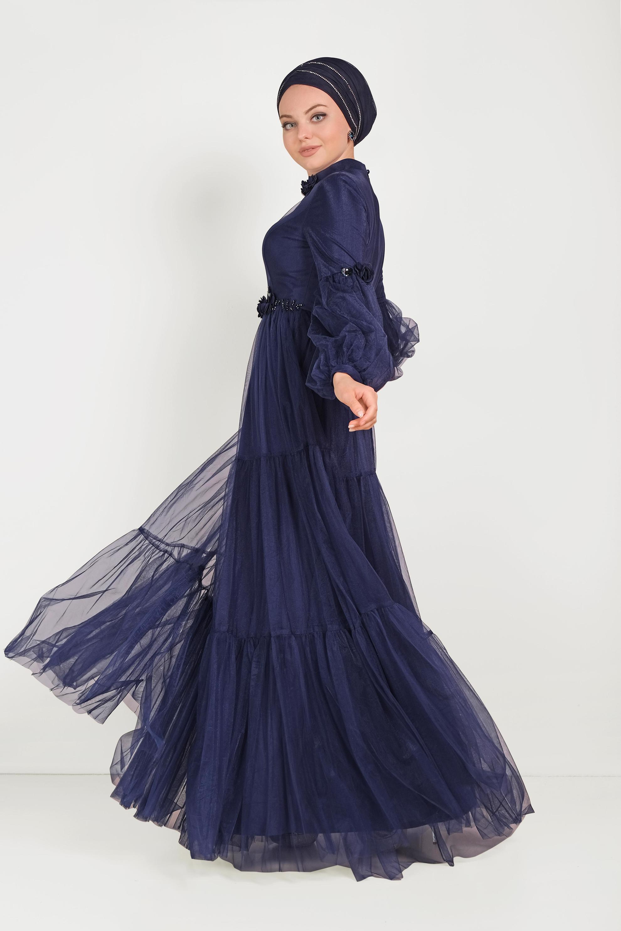 Tesettür giyim LACİVERT ÇİÇEK DETAYLI TÜL ABİYE ELBİSE 50006