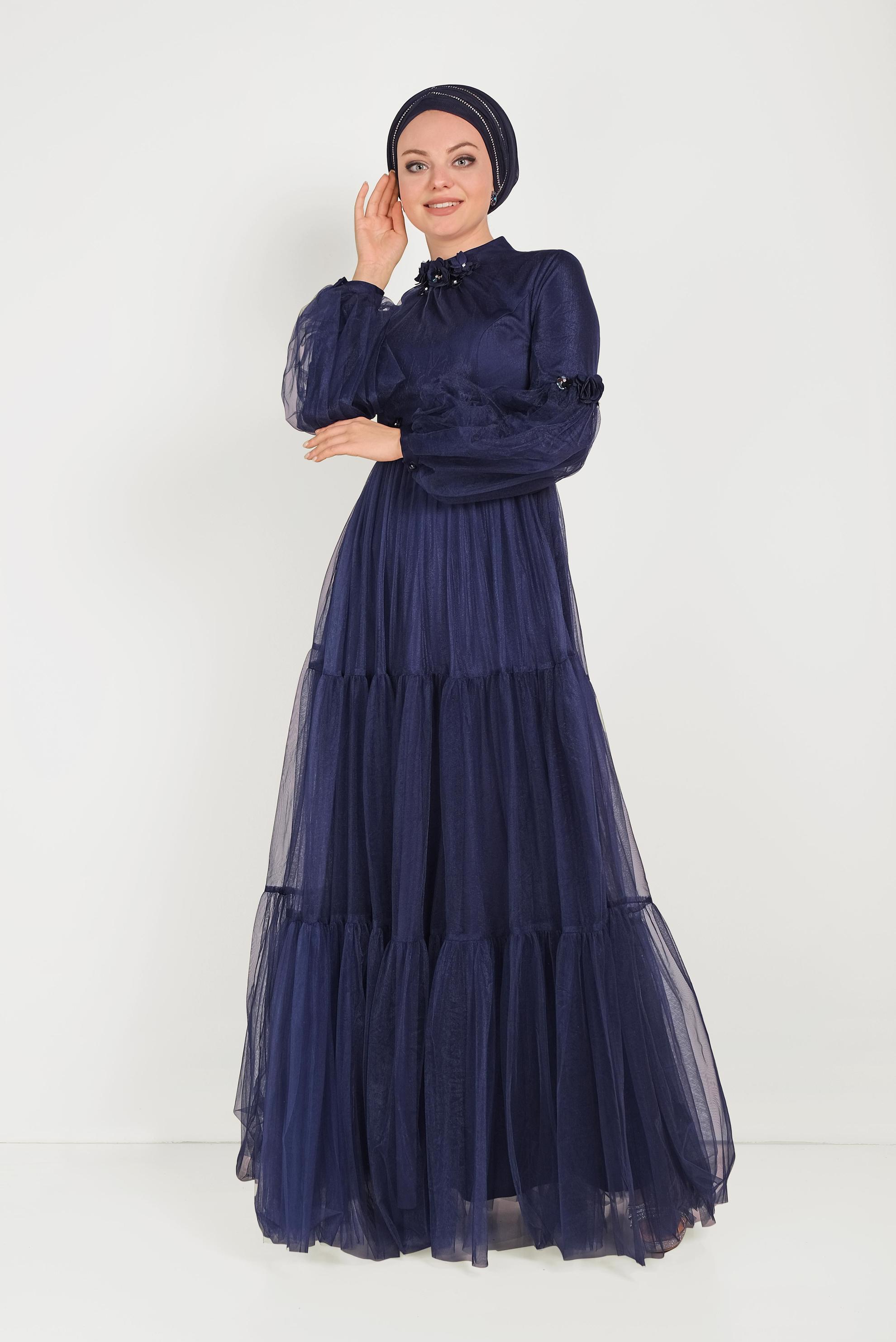 Tesettür giyim LACİVERT ÇİÇEK DETAYLI TÜL ABİYE ELBİSE 50006