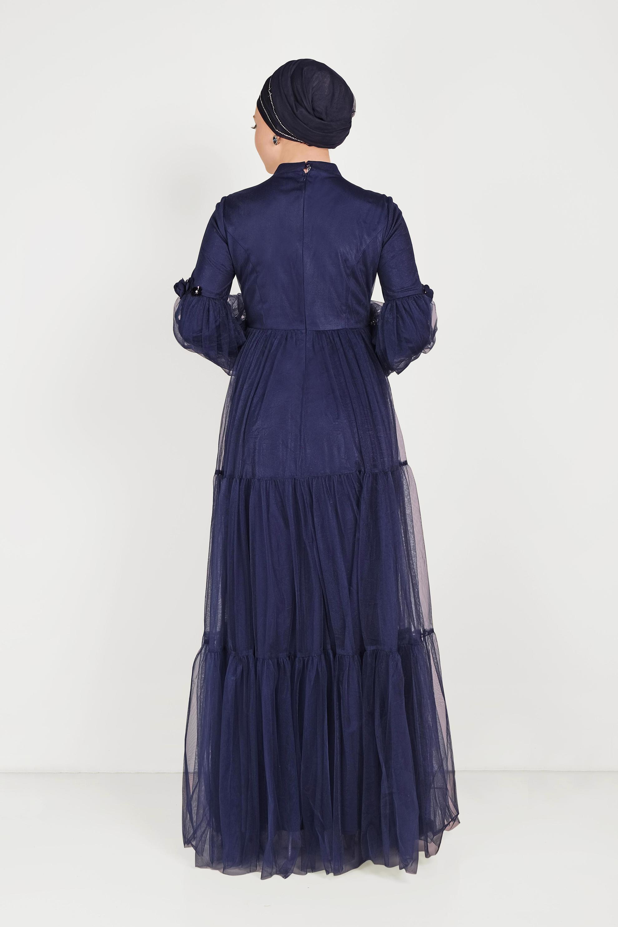 Tesettür giyim LACİVERT ÇİÇEK DETAYLI TÜL ABİYE ELBİSE 50006