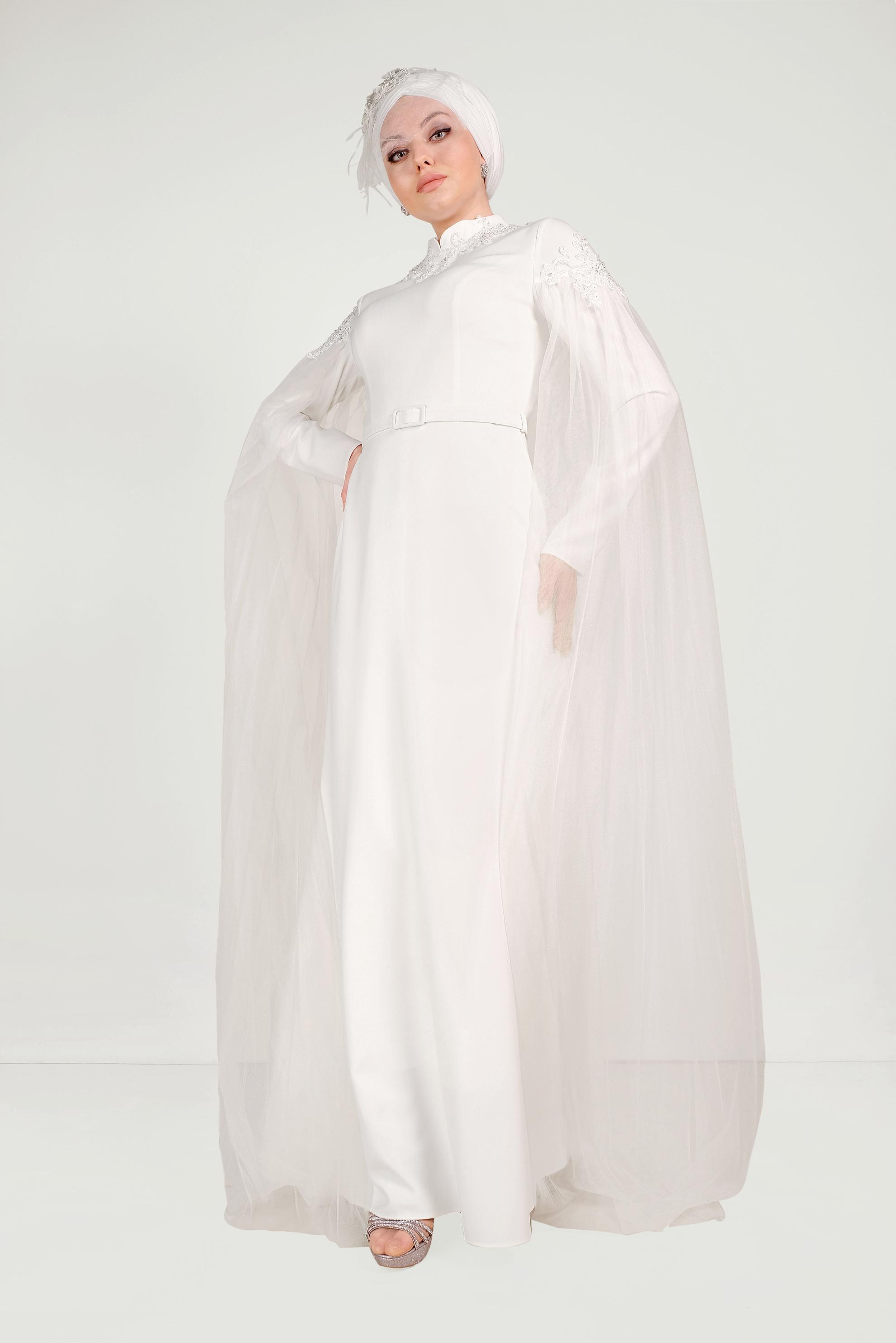 Tesettür giyim BEYAZ BONCUKLU TÜLLÜ ABİYE ELBİSE 50007