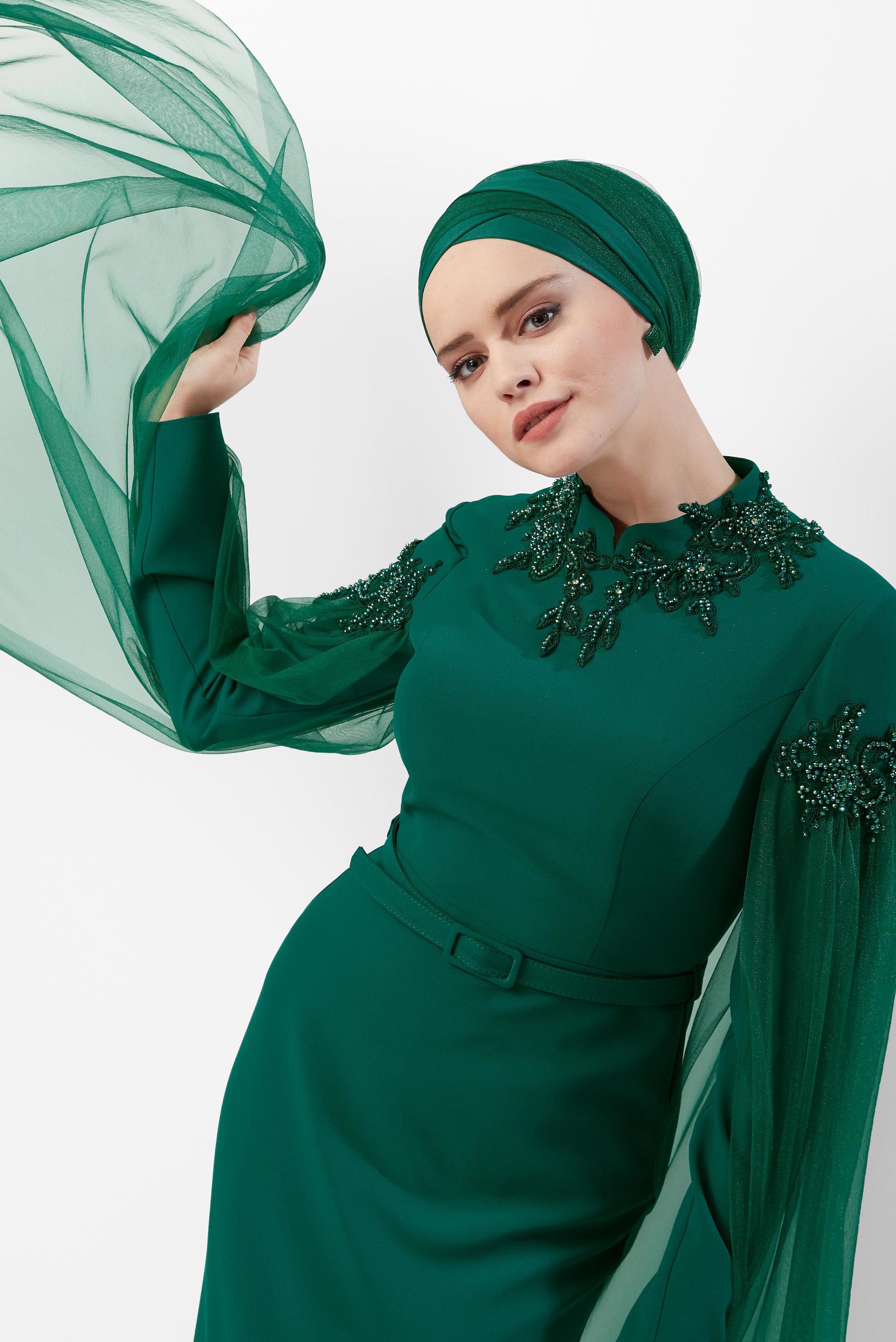 Tesettür giyim YEŞİL BONCUKLU TÜLLÜ ABİYE ELBİSE 50007