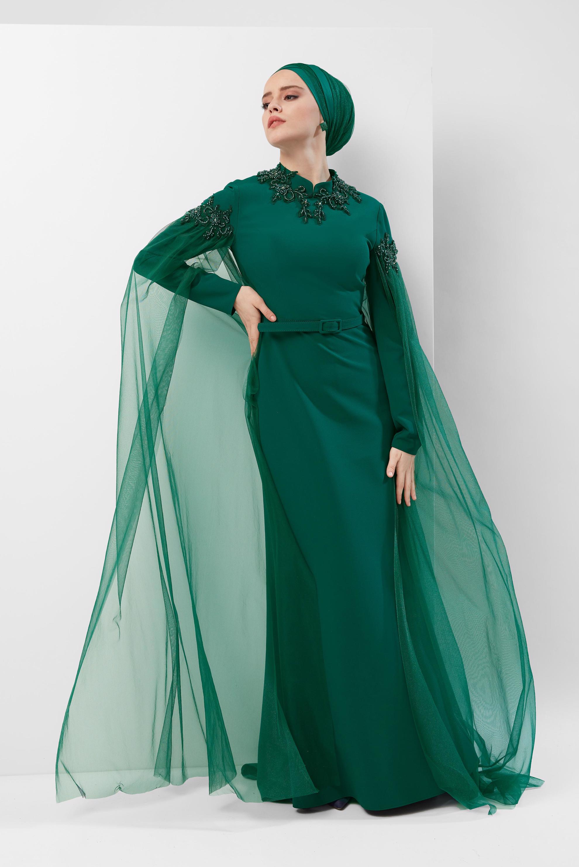 Tesettür giyim YEŞİL BONCUKLU TÜLLÜ ABİYE ELBİSE 50007