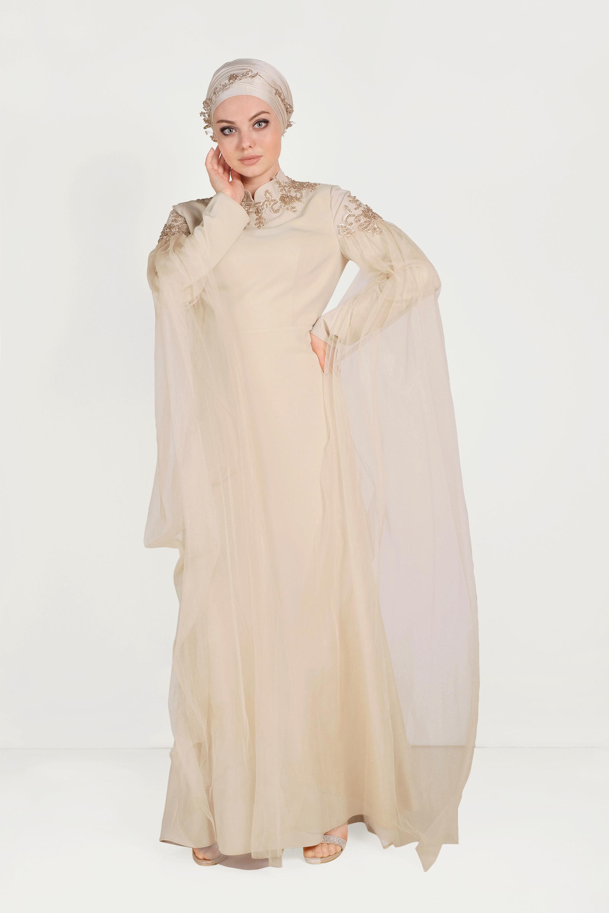 Tesettür giyim BEJ BONCUKLU TÜLLÜ ABİYE ELBİSE 50007