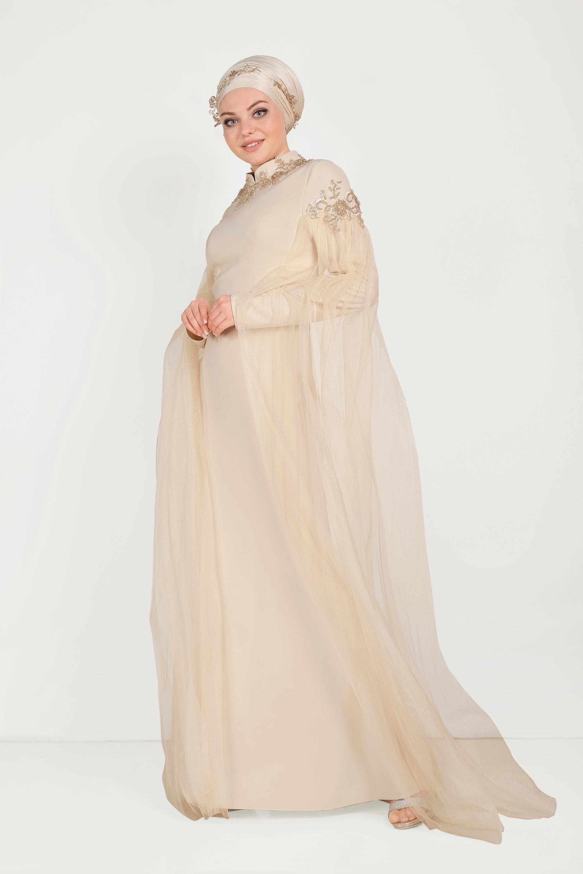 Tesettür giyim BEJ BONCUKLU TÜLLÜ ABİYE ELBİSE 50007