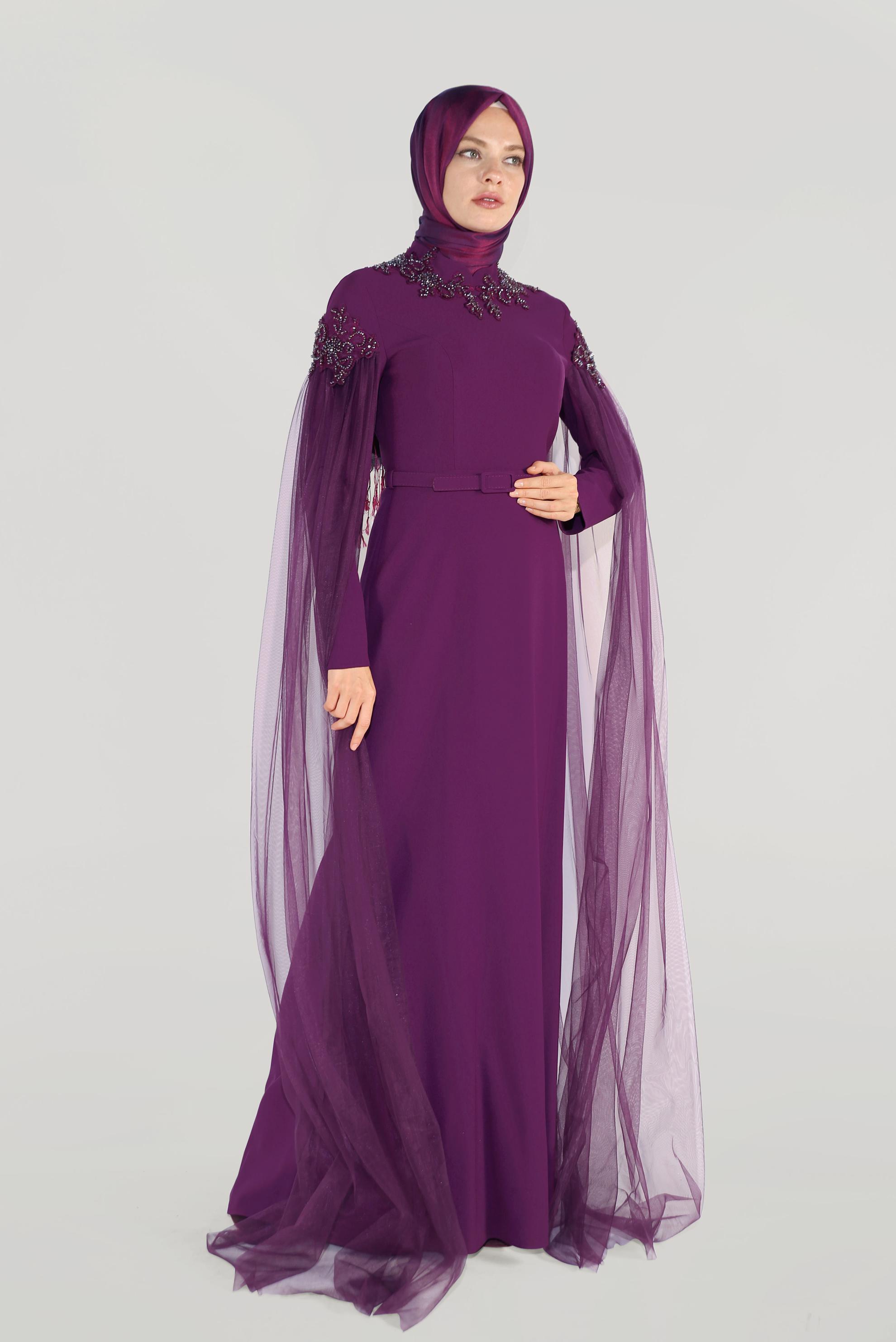 Tesettür giyim MÜRDÜM BONCUKLU TÜLLÜ ABİYE ELBİSE 50007