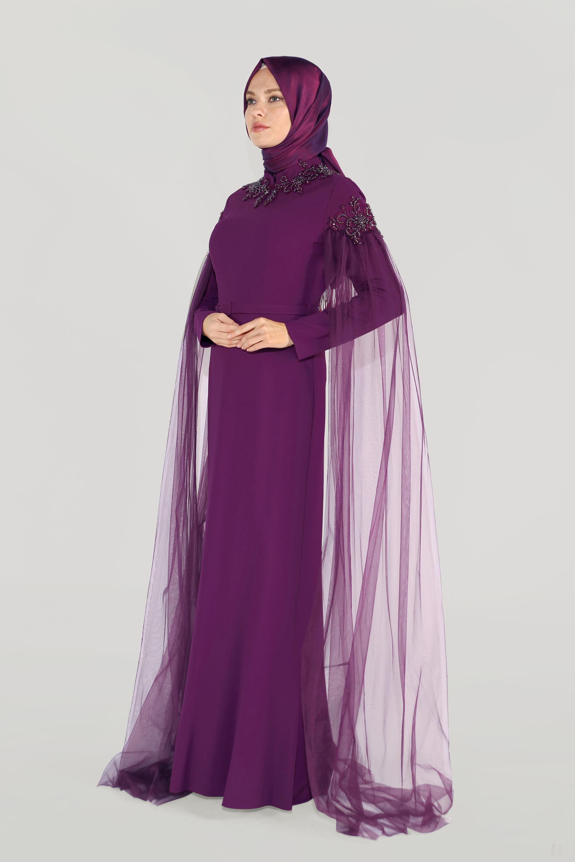 Tesettür giyim MÜRDÜM BONCUKLU TÜLLÜ ABİYE ELBİSE 50007