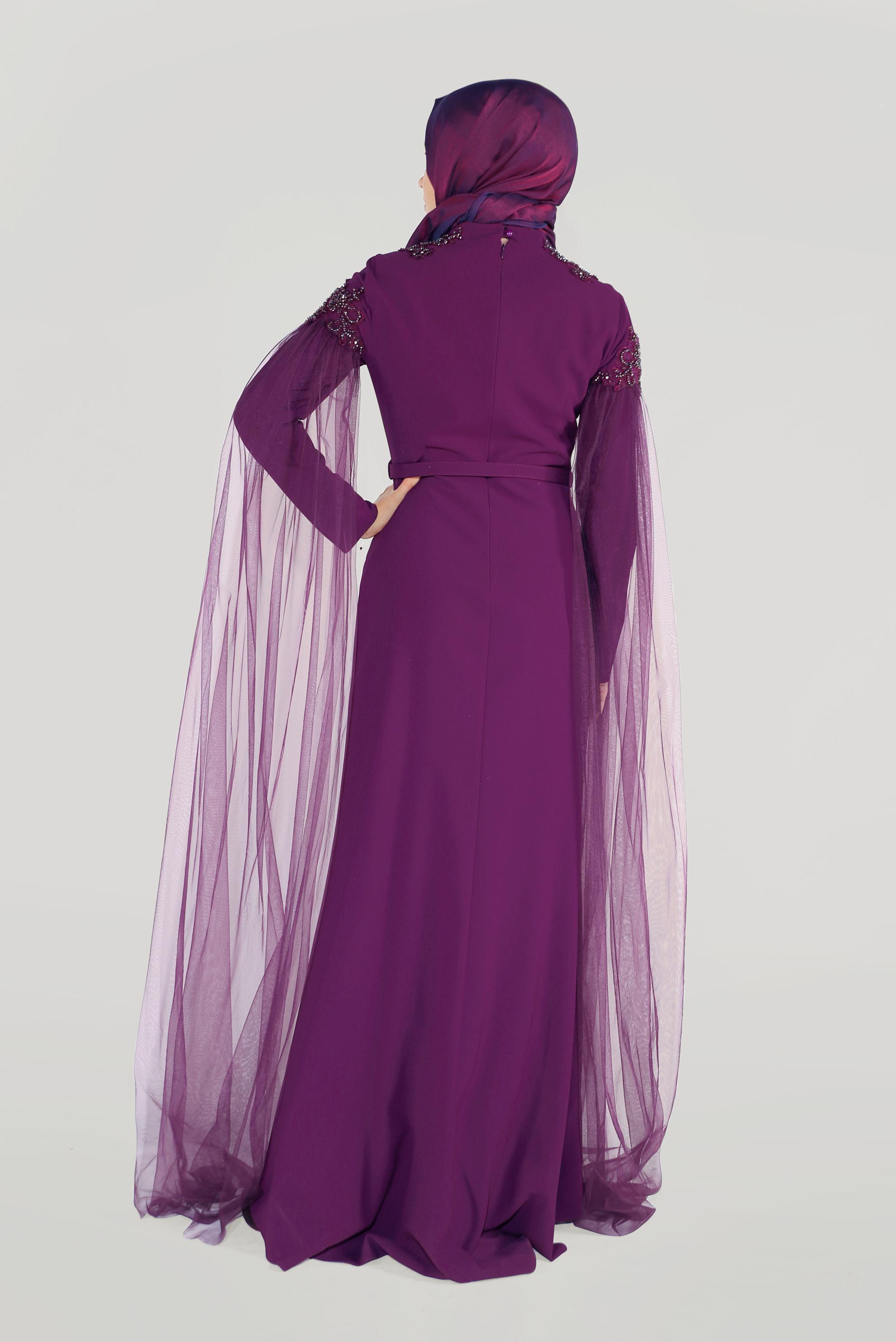 Tesettür giyim MÜRDÜM BONCUKLU TÜLLÜ ABİYE ELBİSE 50007