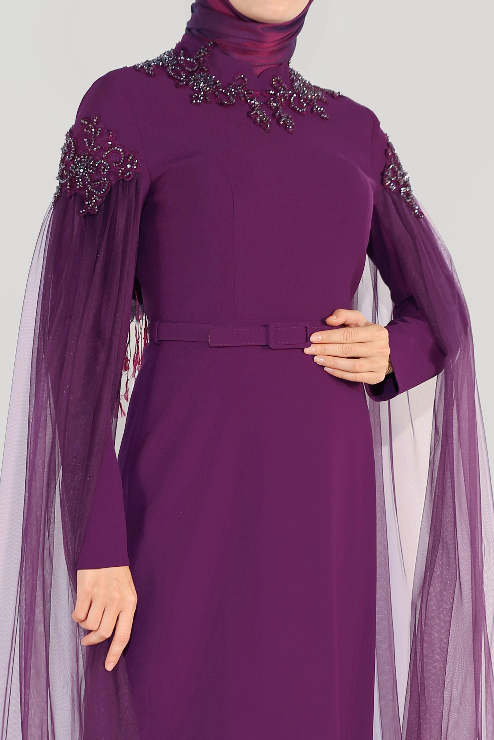 Tesettür giyim MÜRDÜM BONCUKLU TÜLLÜ ABİYE ELBİSE 50007