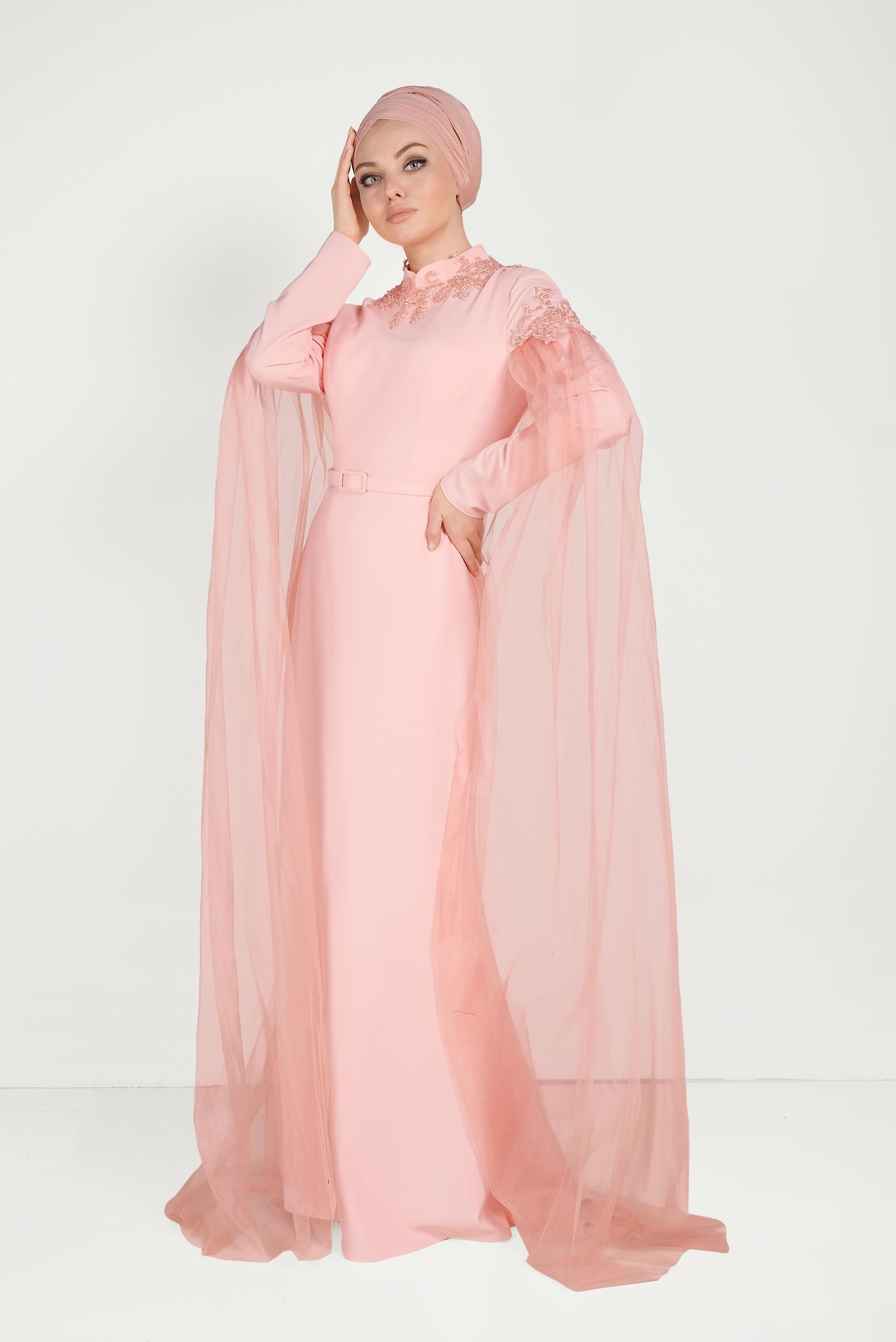 Tesettür giyim PEMBE BONCUKLU TÜLLÜ ABİYE ELBİSE 50007