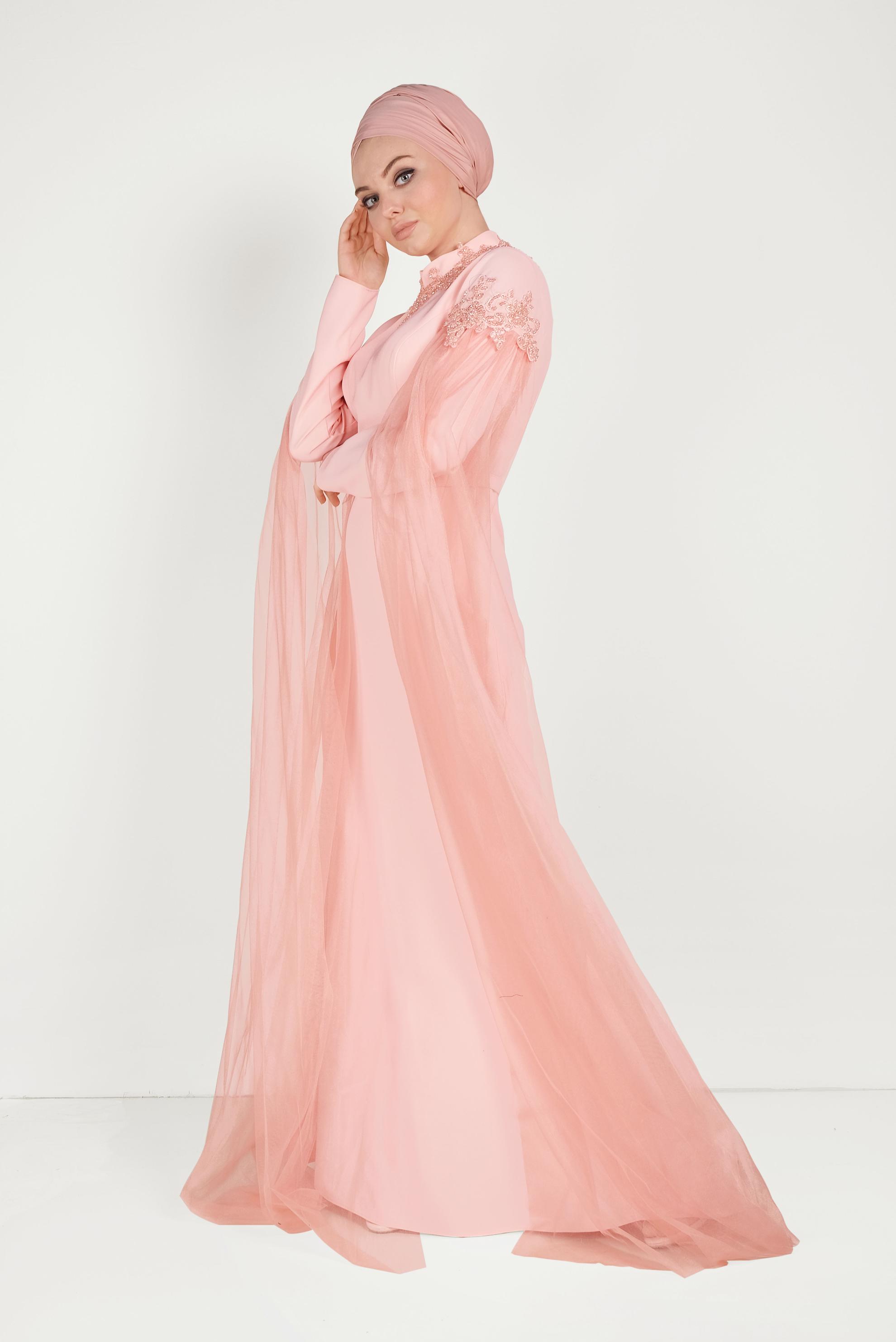 Tesettür giyim PEMBE BONCUKLU TÜLLÜ ABİYE ELBİSE 50007