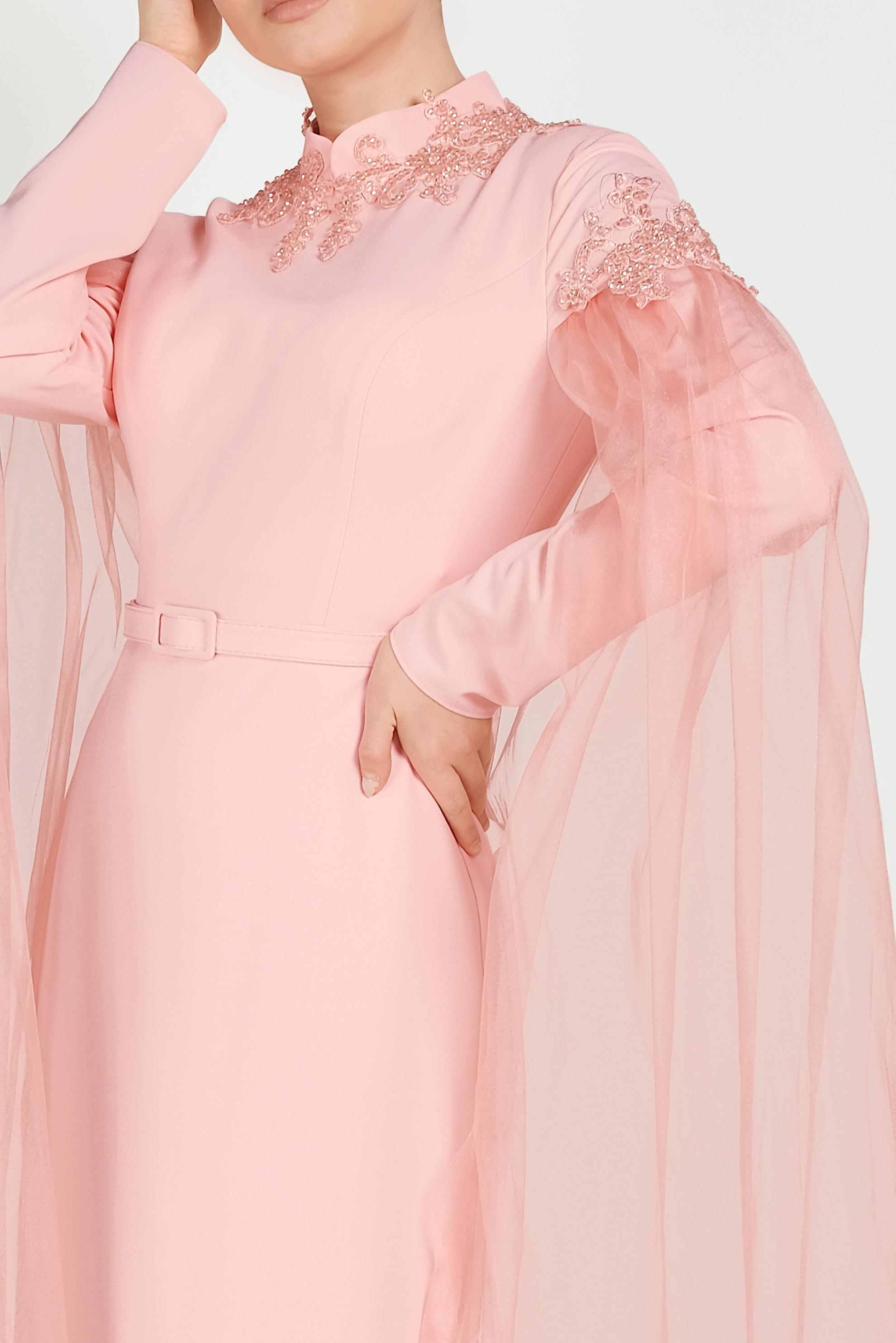 Tesettür giyim PEMBE BONCUKLU TÜLLÜ ABİYE ELBİSE 50007