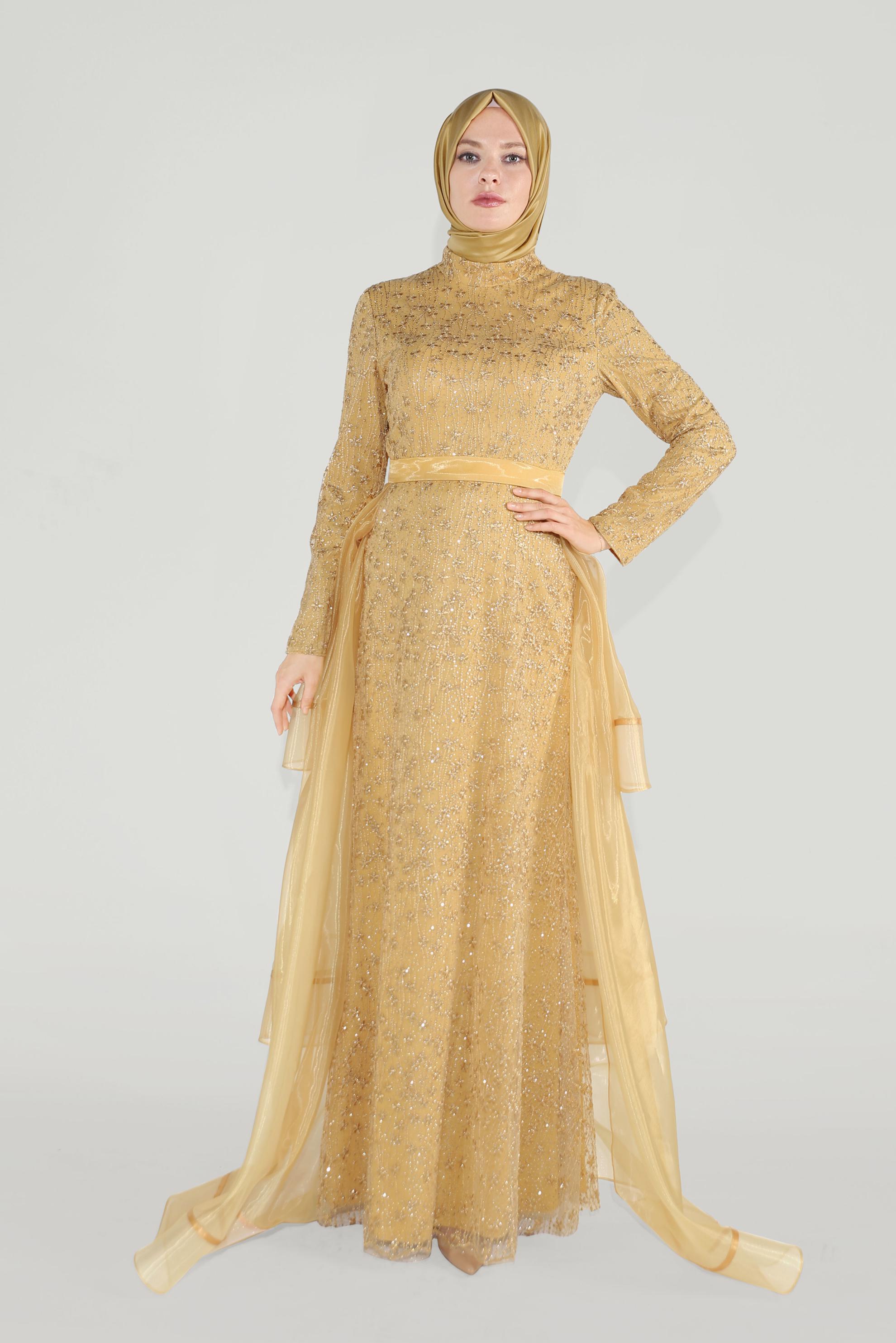 Tesettür giyim SARI GÜPÜRLÜ TÜLLÜ ABİYE ELBİSE 50008