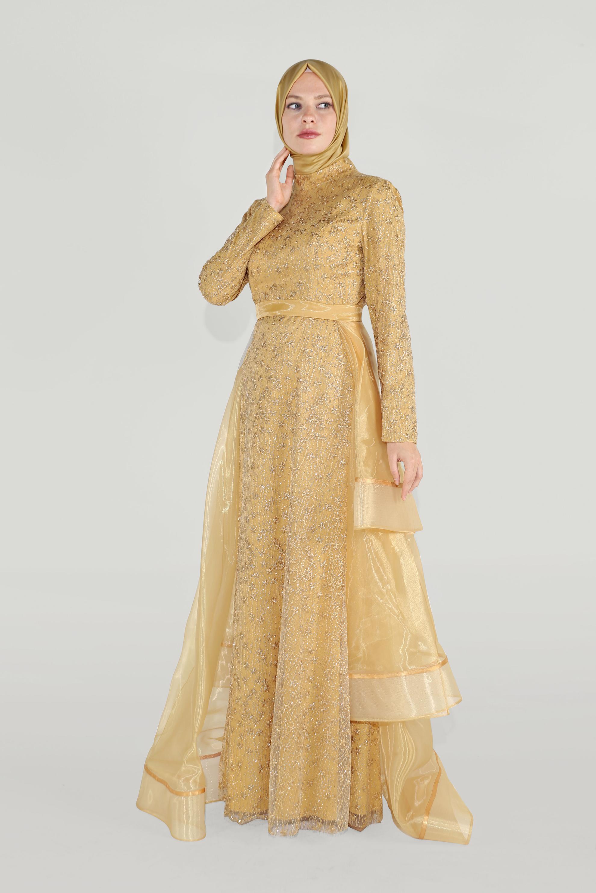 Tesettür giyim SARI GÜPÜRLÜ TÜLLÜ ABİYE ELBİSE 50008