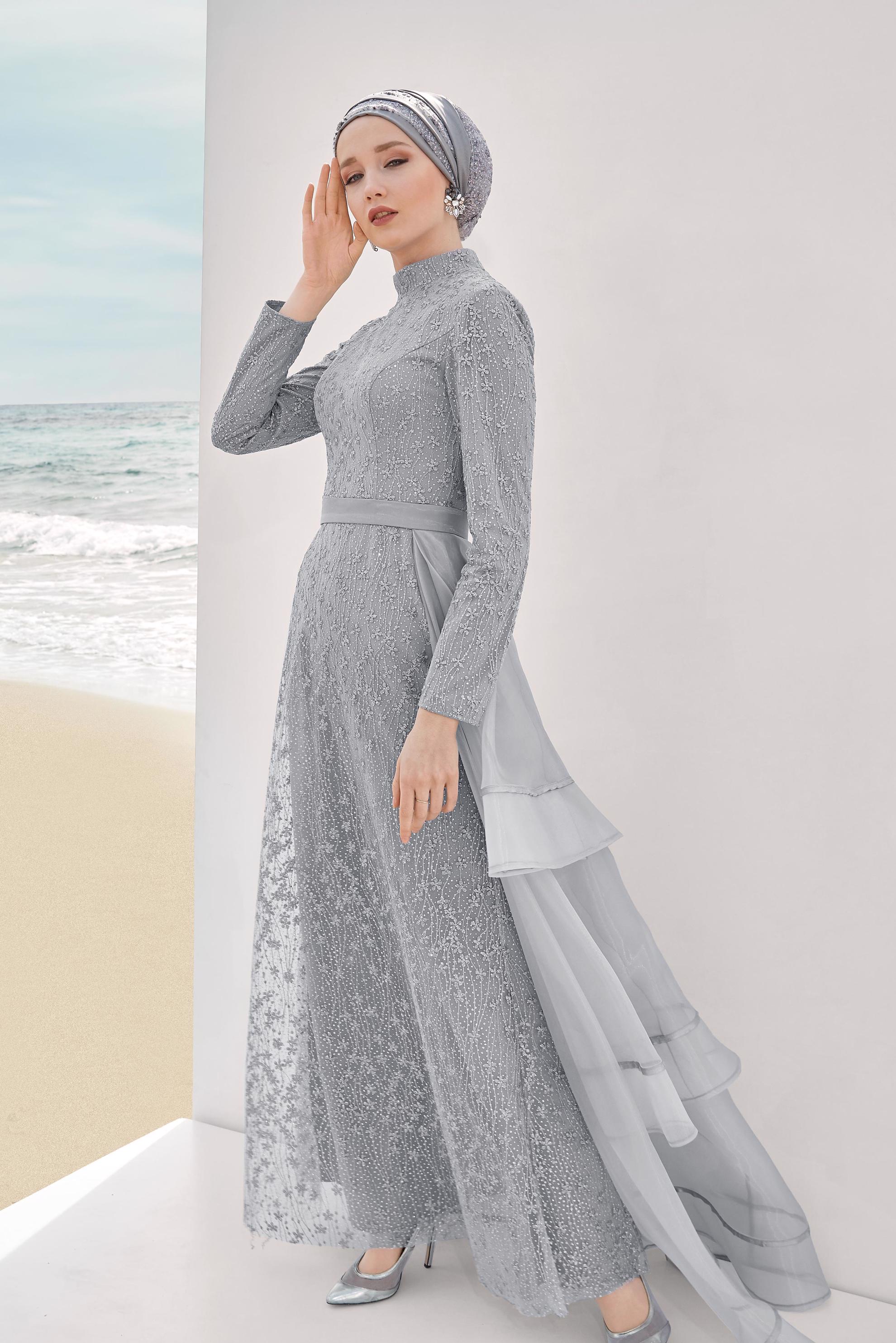 Tesettür giyim GRİ GÜPÜRLÜ TÜLLÜ ABİYE ELBİSE 50008