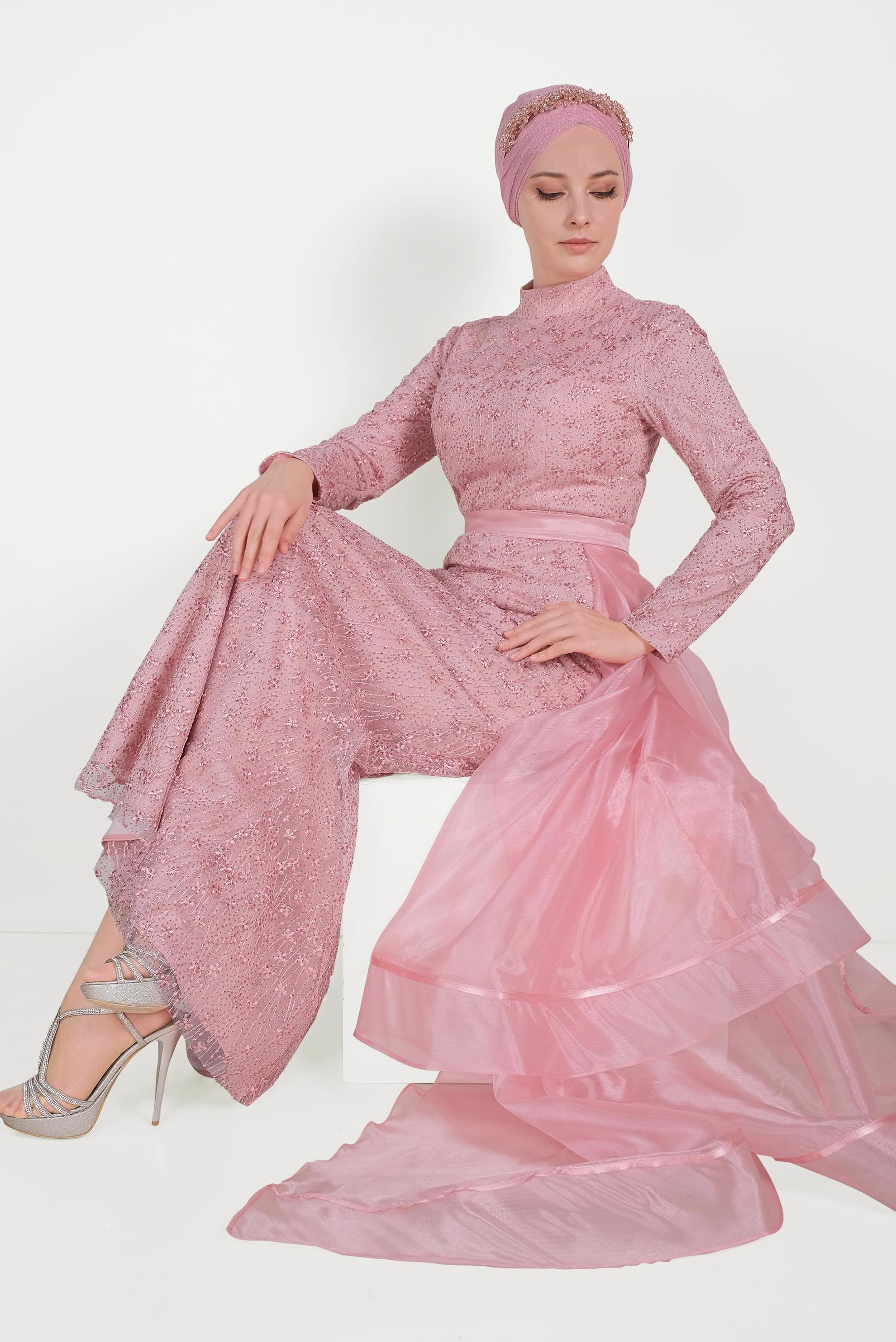 Hijab clothing POWDER GUIPURE AND TULLE DETAILED NIGHTDRESS 50008