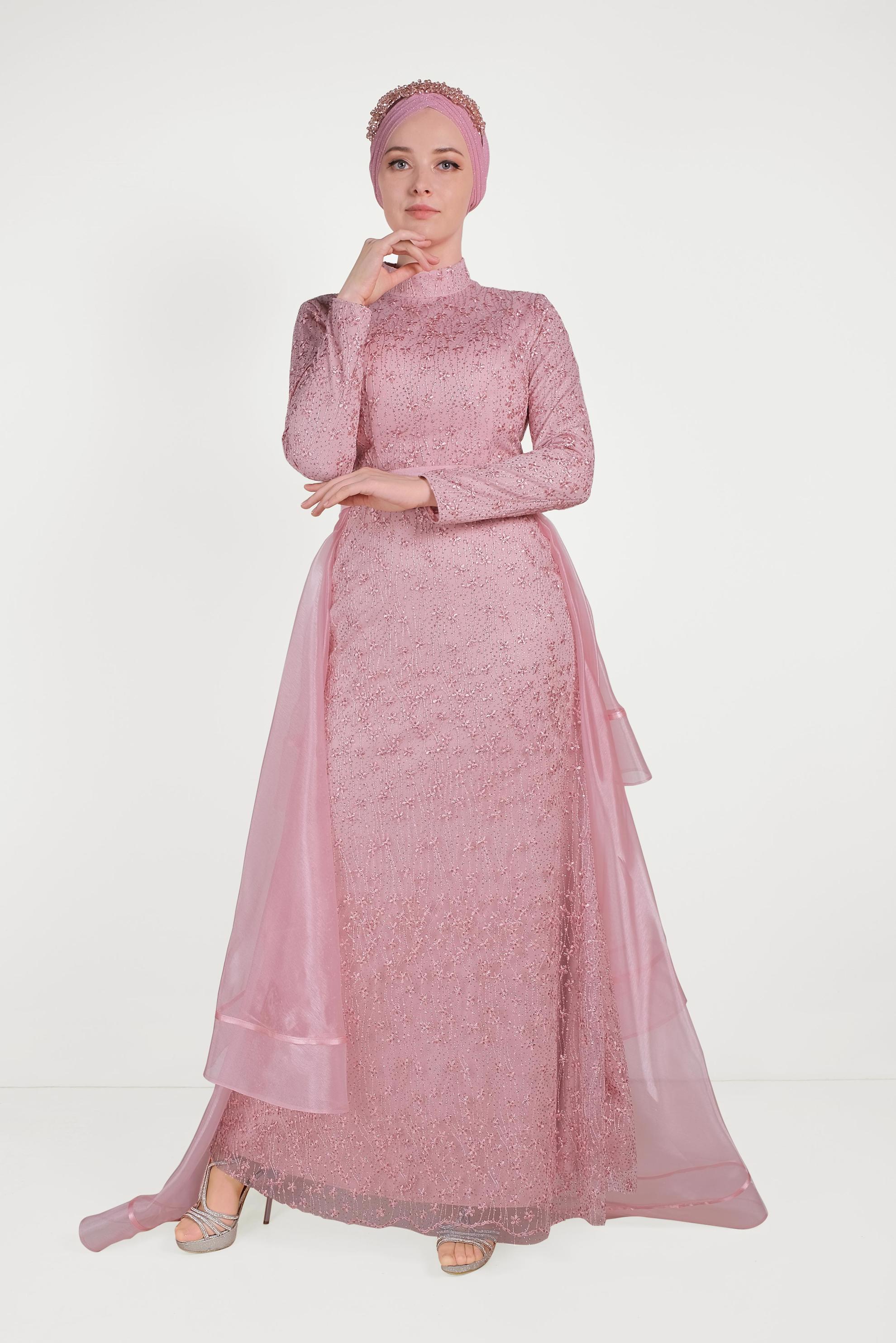 Hijab clothing POWDER GUIPURE AND TULLE DETAILED NIGHTDRESS 50008