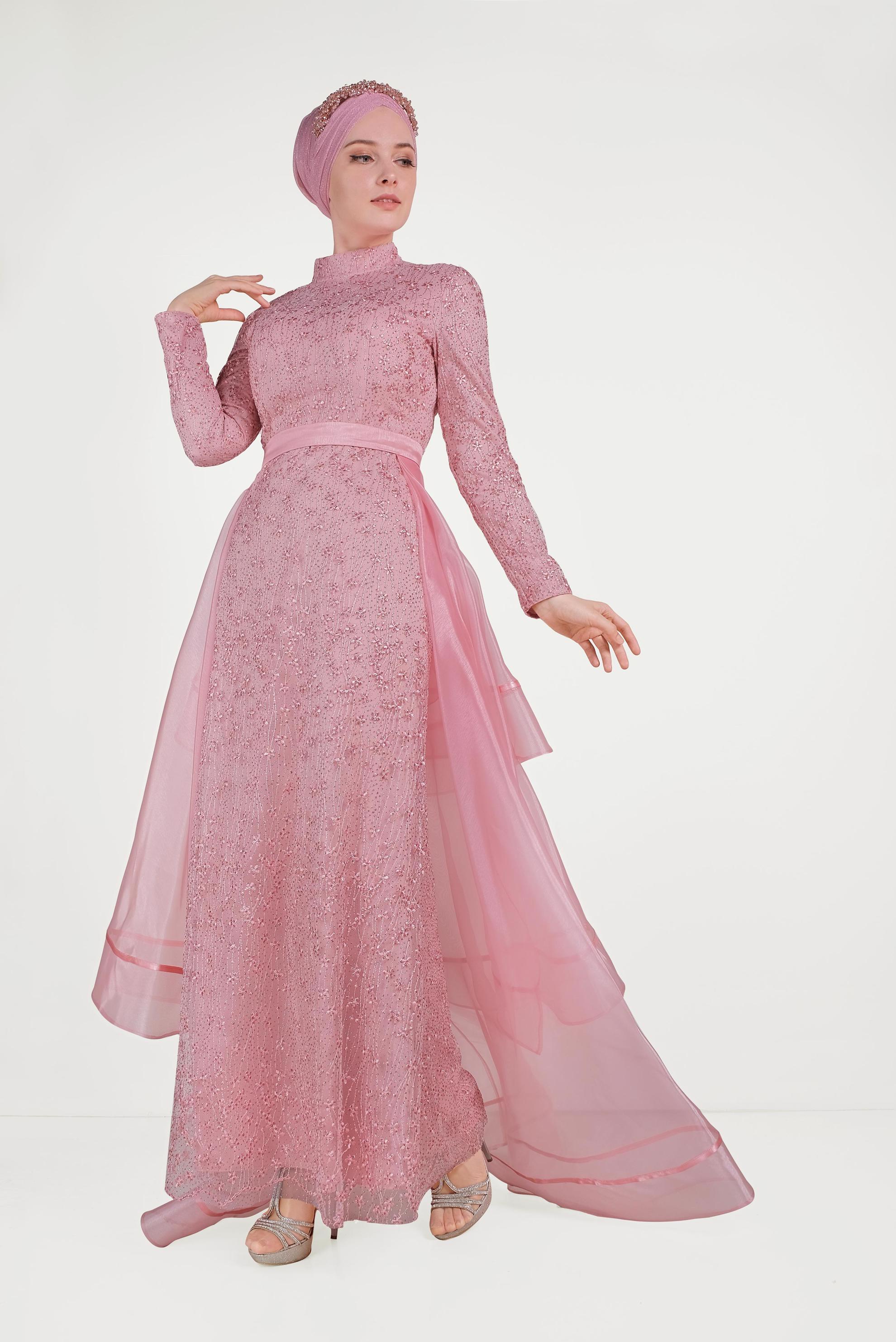 Hijab clothing POWDER GUIPURE AND TULLE DETAILED NIGHTDRESS 50008