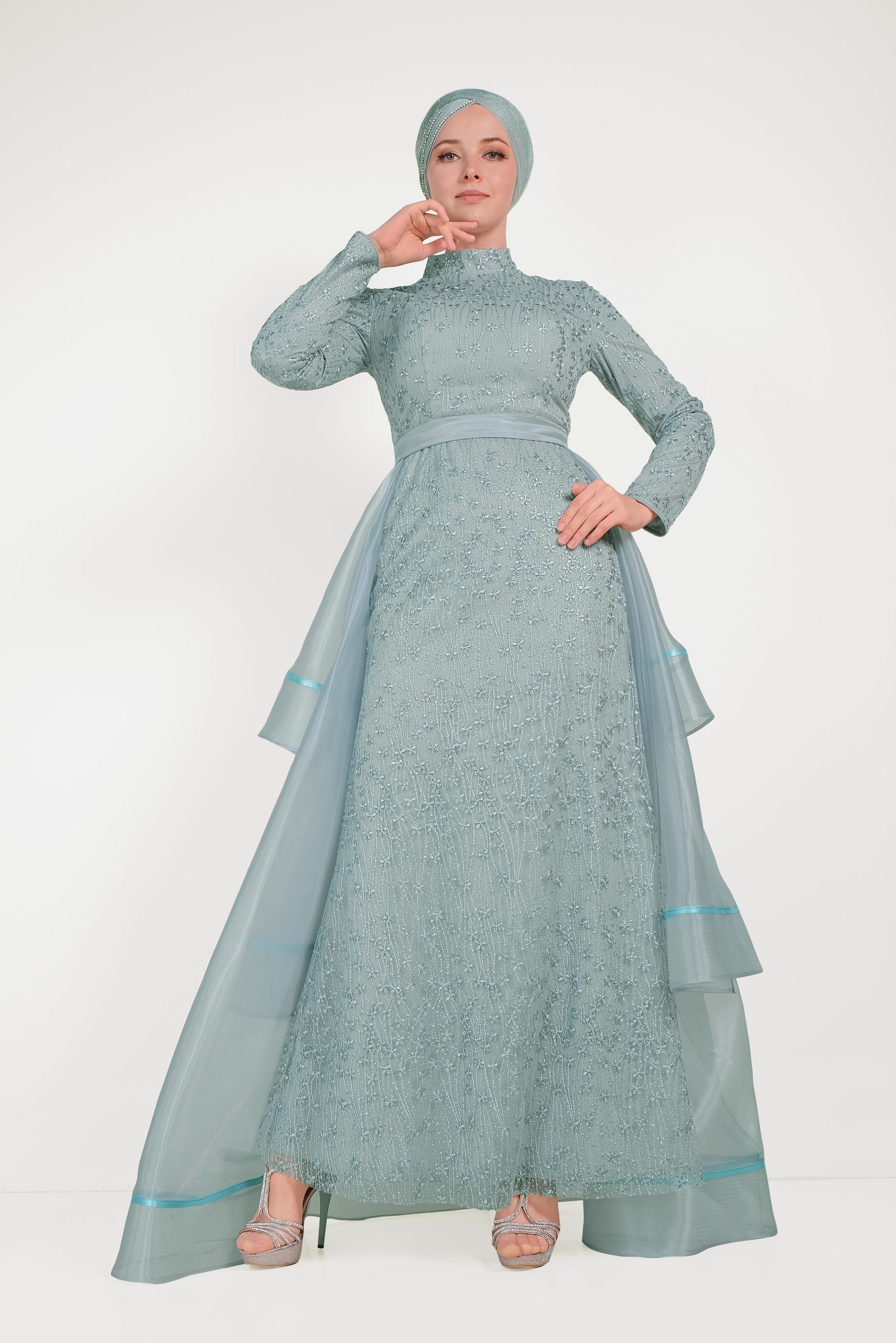 Tesettür giyim MAVİ GÜPÜRLÜ TÜLLÜ ABİYE ELBİSE 50008