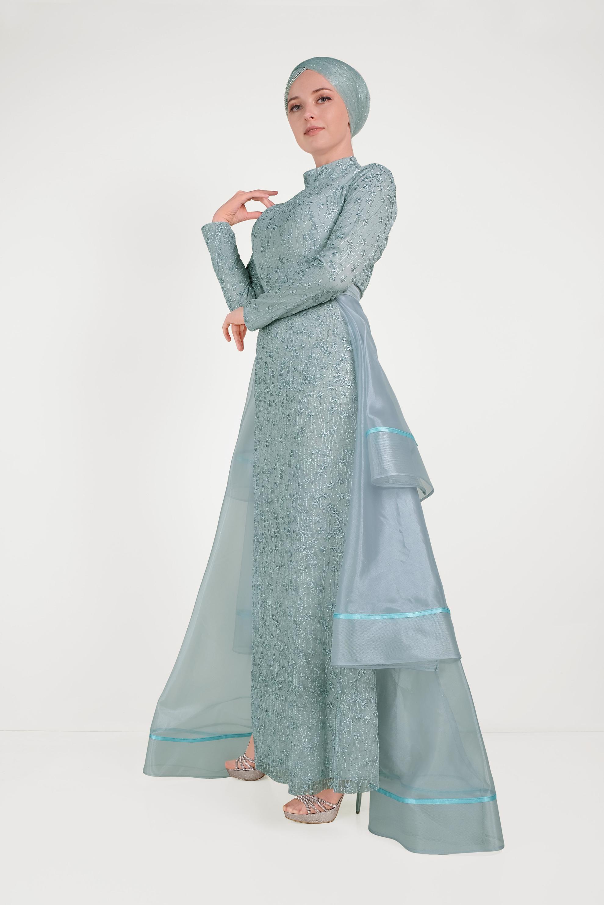 Tesettür giyim MAVİ GÜPÜRLÜ TÜLLÜ ABİYE ELBİSE 50008