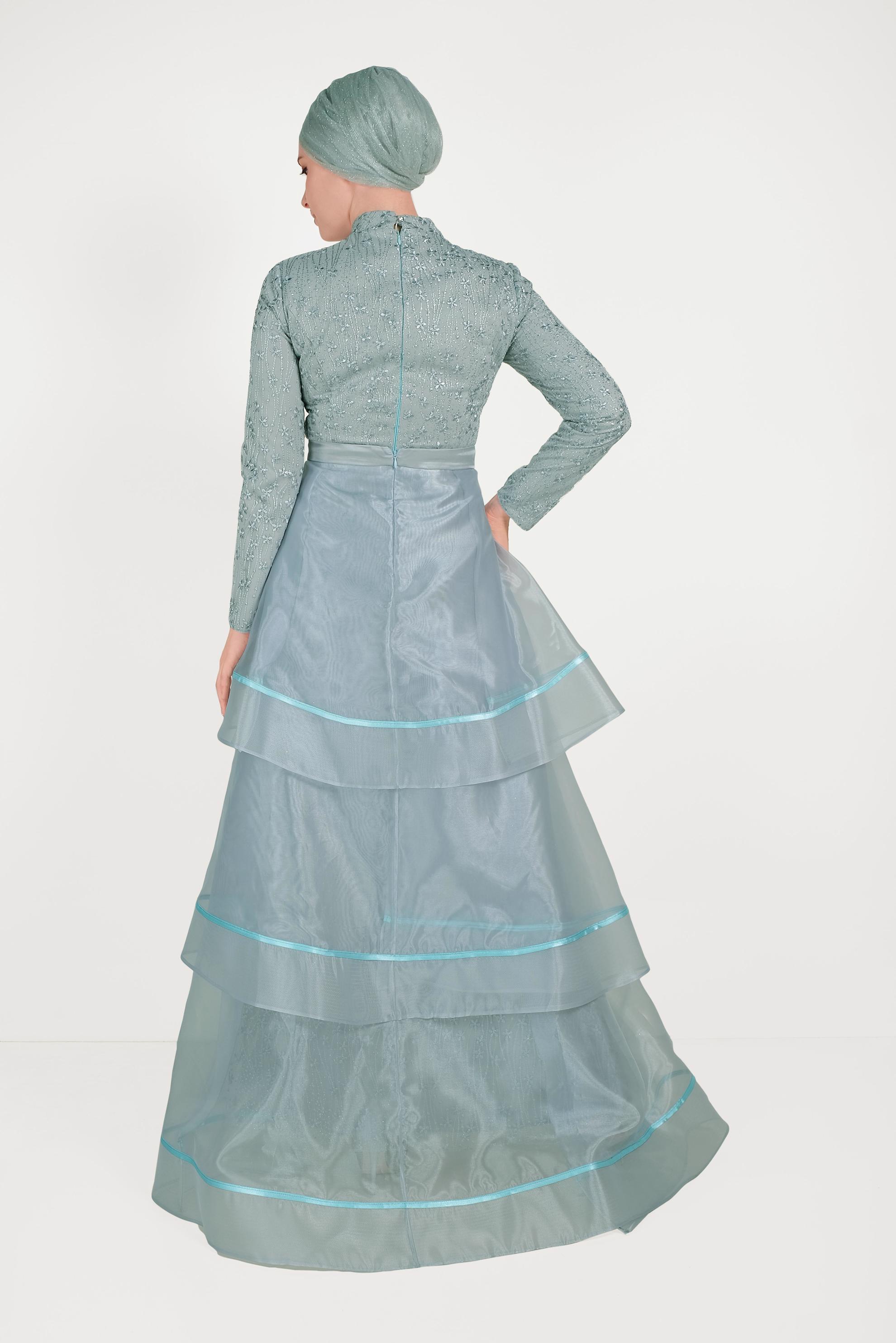 Tesettür giyim MAVİ GÜPÜRLÜ TÜLLÜ ABİYE ELBİSE 50008