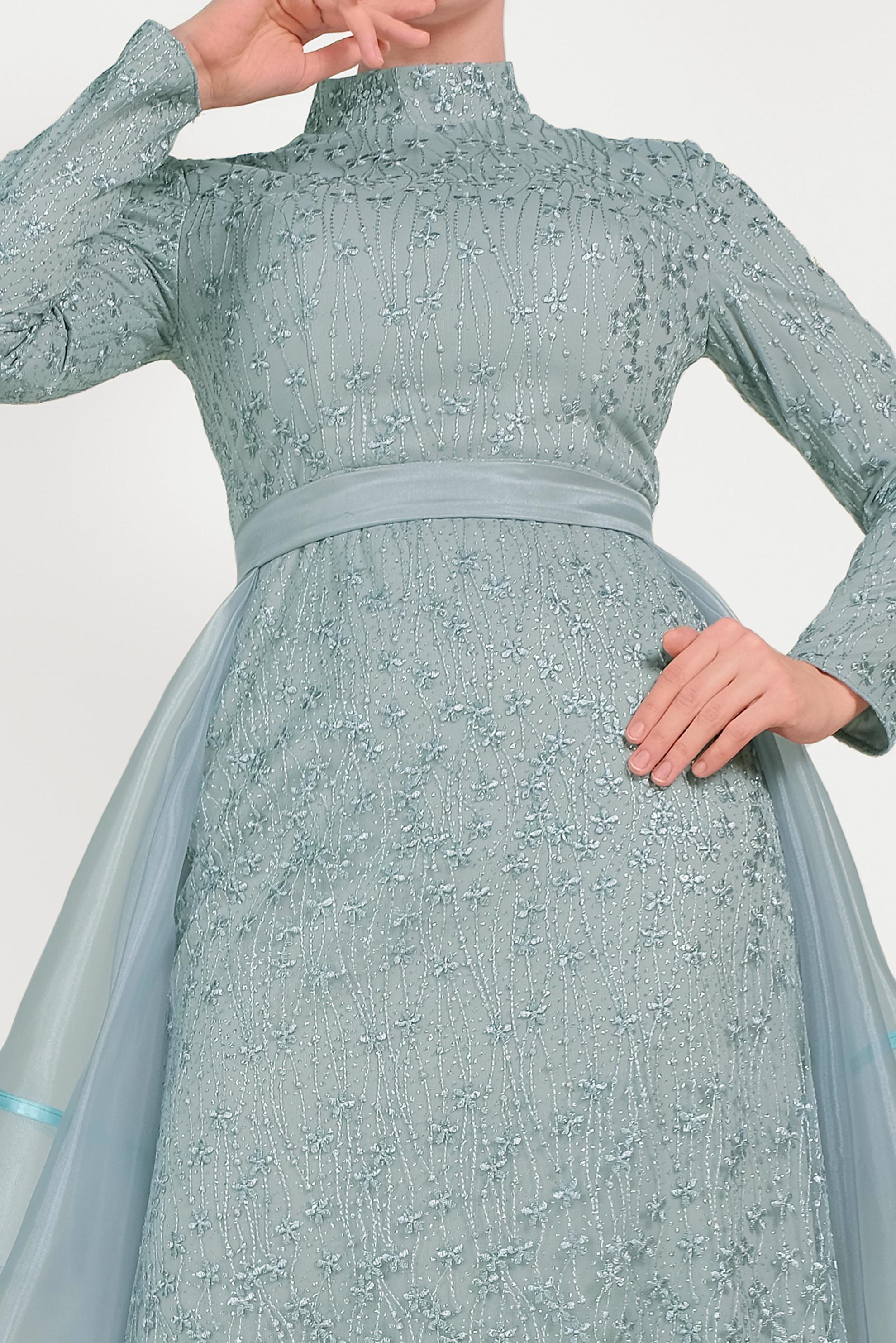 Tesettür giyim MAVİ GÜPÜRLÜ TÜLLÜ ABİYE ELBİSE 50008