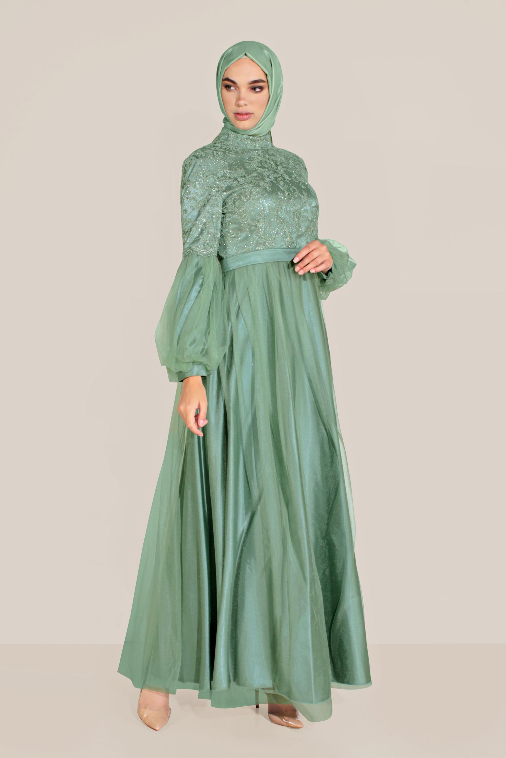 Tesettür giyim YEŞİL YALDIZLI KOLLARI TÜLLÜ ABİYE 50009