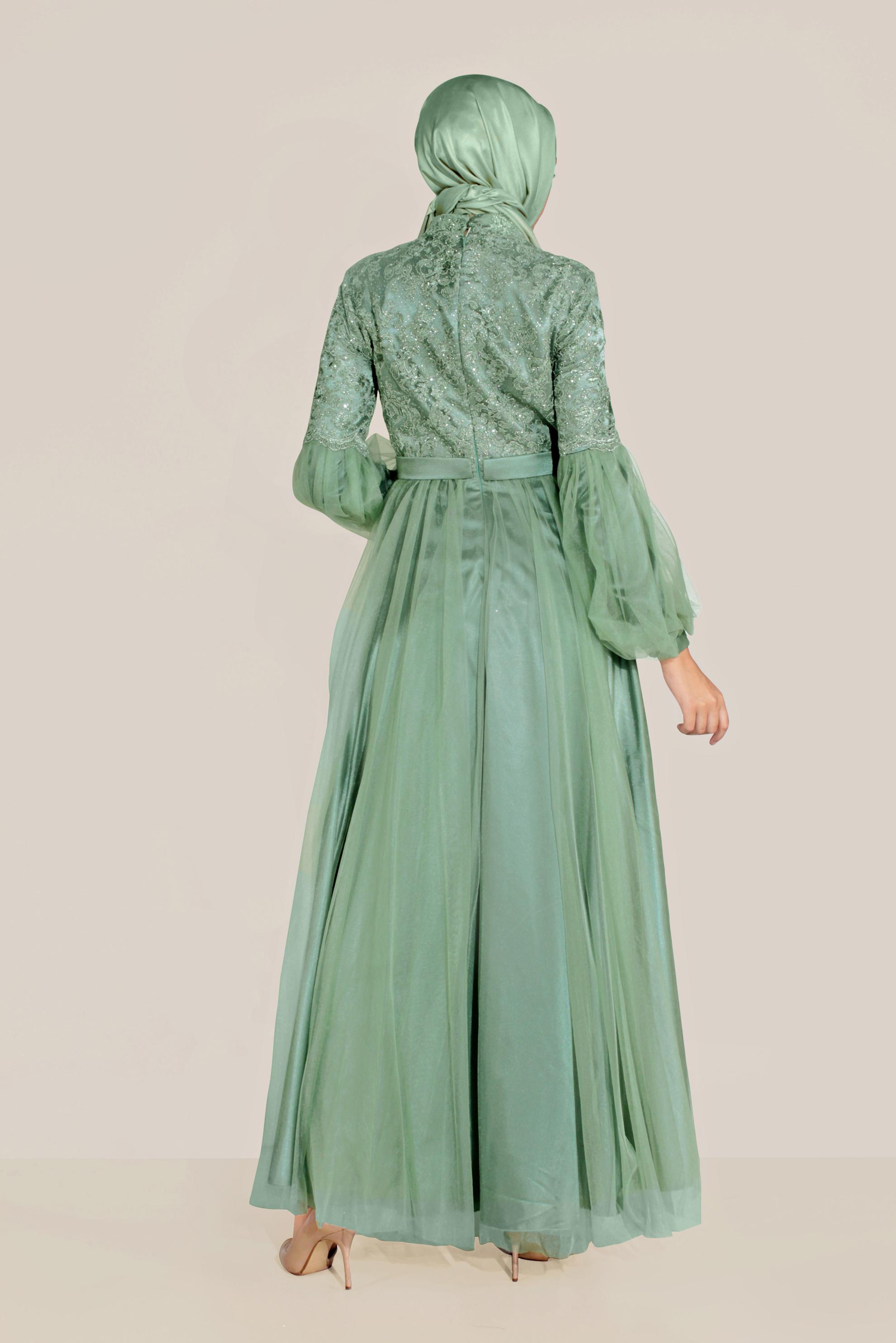 Tesettür giyim YEŞİL YALDIZLI KOLLARI TÜLLÜ ABİYE 50009