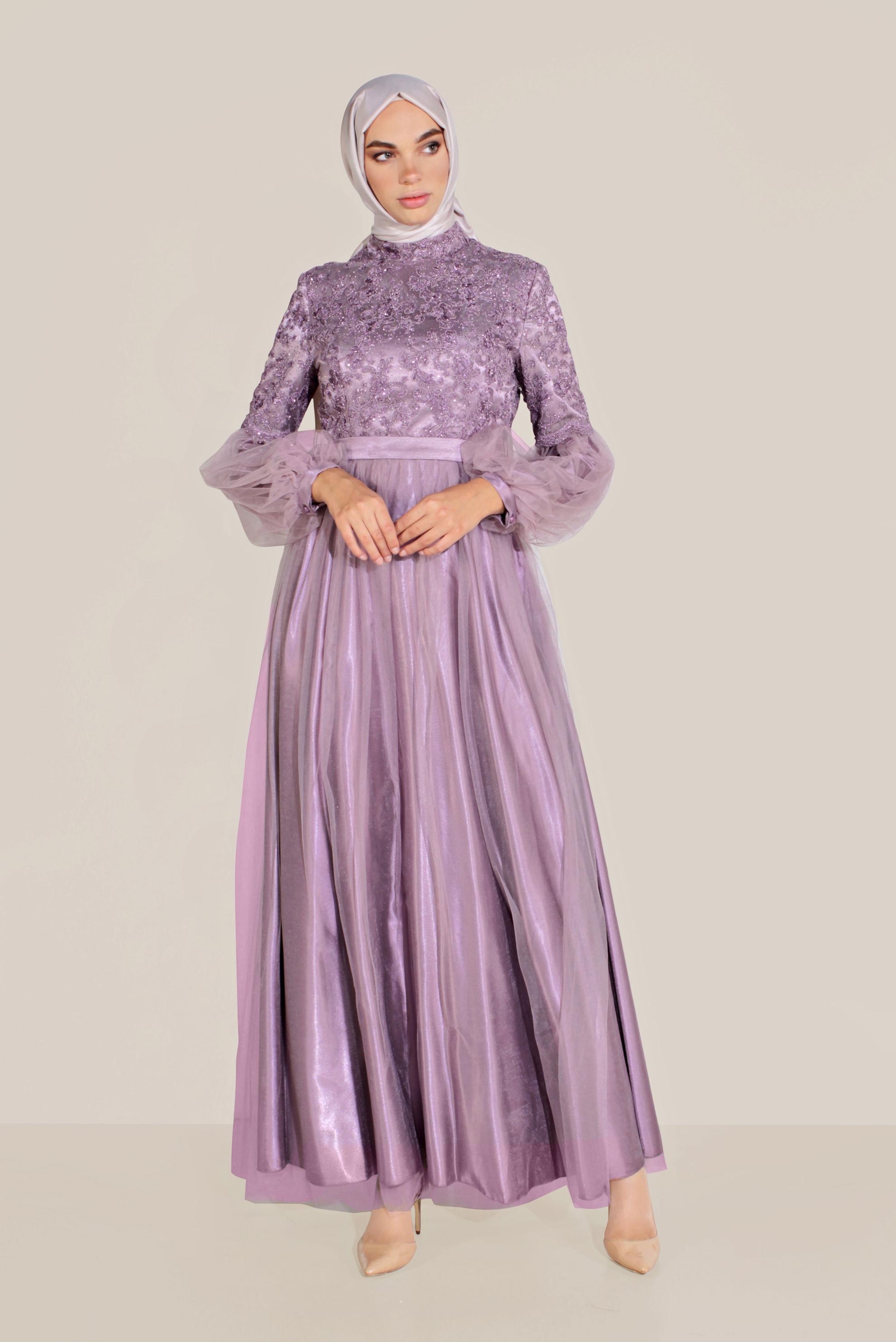 Tesettür giyim MOR YALDIZLI KOLLARI TÜLLÜ ABİYE 50009