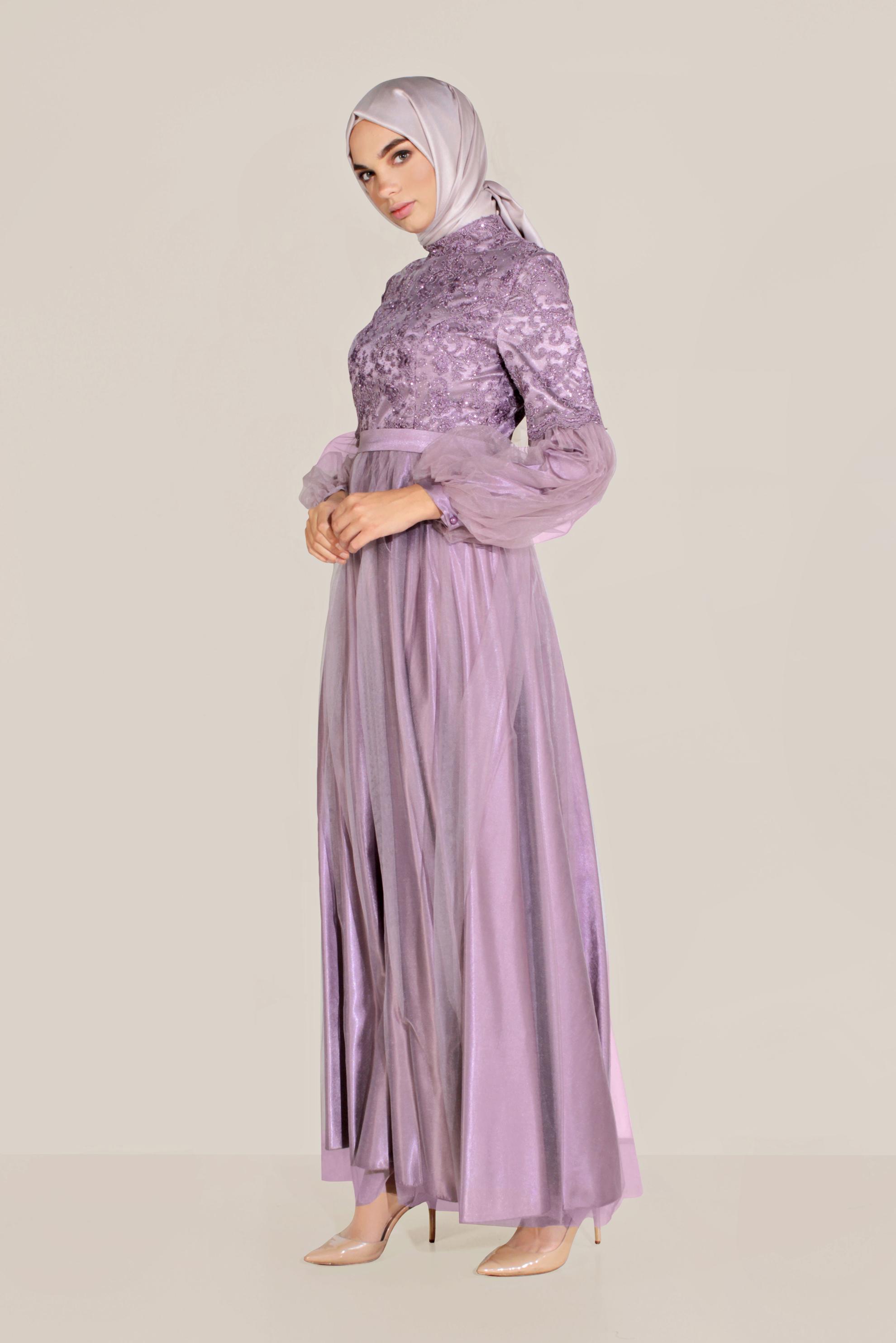 Tesettür giyim MOR YALDIZLI KOLLARI TÜLLÜ ABİYE 50009
