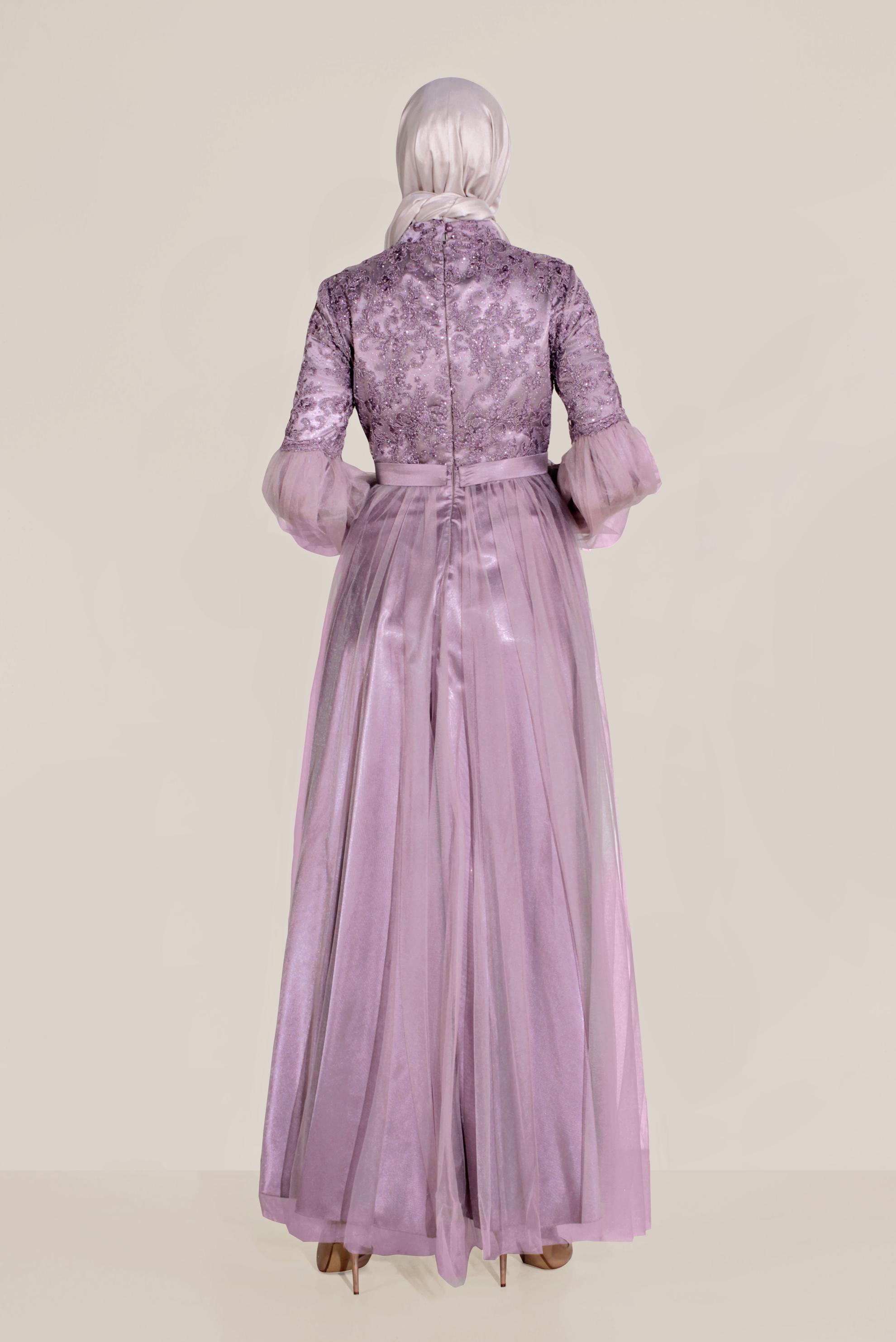 Tesettür giyim MOR YALDIZLI KOLLARI TÜLLÜ ABİYE 50009